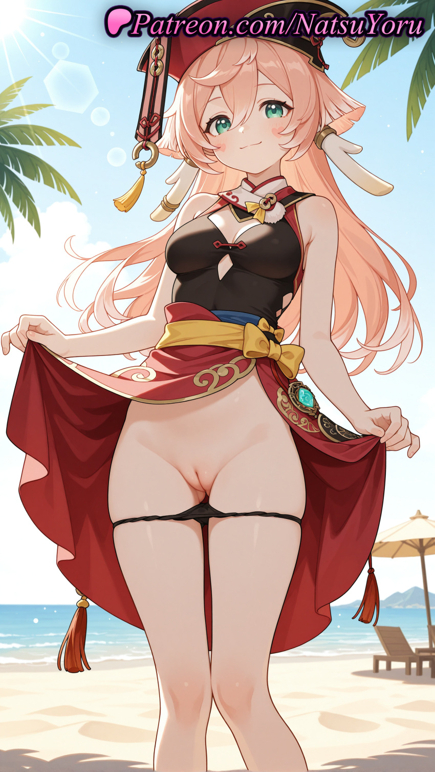 1girl 1girl 1girls ai_generated anime anime_style antlers armpit_crease asian ass_visible_through_thighs bangs bare_arms bare_shoulders beach beach_umbrella big_breasts black_bra black_panties black_shirt blue_sky blush bow breasts bust cleavage cleavage_cutout cleft_of_venus closed_mouth clothes_lift clothing_cutout cloud day feet_out_of_frame female_focus female_only flashing genshin_impact green_eyes groin hair_between_eyes hat hentai high_quality high_res high_res high_resolution horizon horns legs lens_flare lifted_by_self long_hair looking_at_viewer medium_breasts natsuyoru ocean outside paipan palm_leaf palm_tree panties panties panties_down panty_pull patreon pink_hair public_indecency pussy pussy red_headwear red_skirt sand shaved_vagina shirt skirt skirt_lift sky sleeveless sleeveless_shirt smile solo_female standing sun sunlight tassel thighs tree umbrella uncensored underwear vision_(genshin_impact) voluptuous voluptuous_female water yanfei_(genshin_impact) yellow_bow