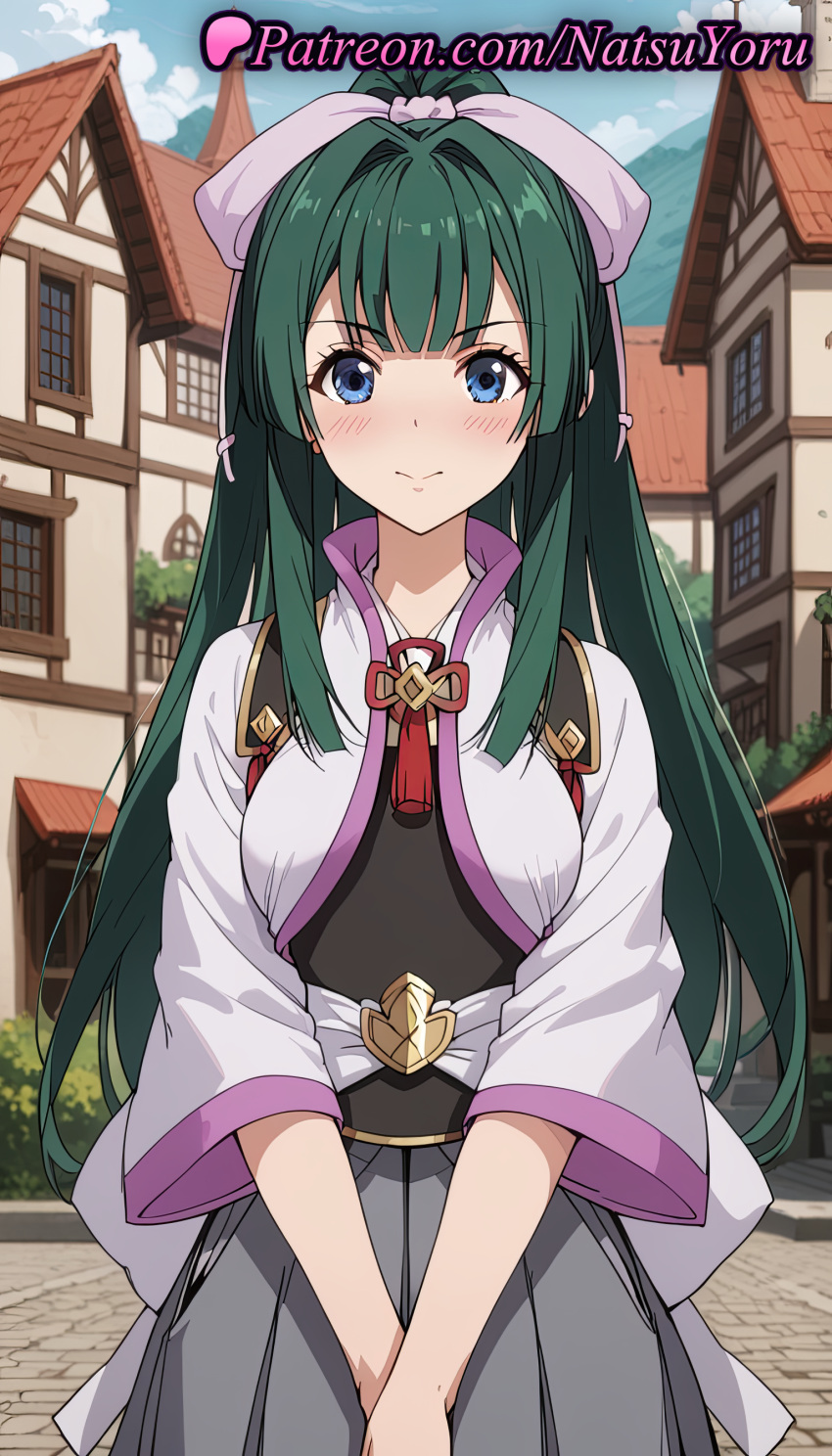 1girl 1girl 1girls 2025 ai ai_generated anime anime_style architecture armor back_bow bangs belt big_breasts black_hakama blue_eyes blue_sky blunt_bangs blush bow breastplate breasts building bust closed_mouth cloud cowboy_shot day female_focus female_only flower_knot green_hair grey_skirt hair_bow hair_intakes hakama hakama_skirt hentai high_ponytail high_quality high_res high_res high_resolution hip_vent house jacket japanese_clothes kimono large_bow long_hair long_sleeves looking_at_viewer muneate natsuyoru outside own_hands_together patreon pink_bow pleated_skirt ponytail ribbon sidelocks skirt sky smile solo_female stable_diffusion standing straight-on tassel tate_no_yuusha_no_nariagari the_rising_of_the_shield_hero town v-shaped_eyebrows v_arms very_long_hair voluptuous voluptuous_female white_bow white_kimono wide_sleeves window yomogi_emarl