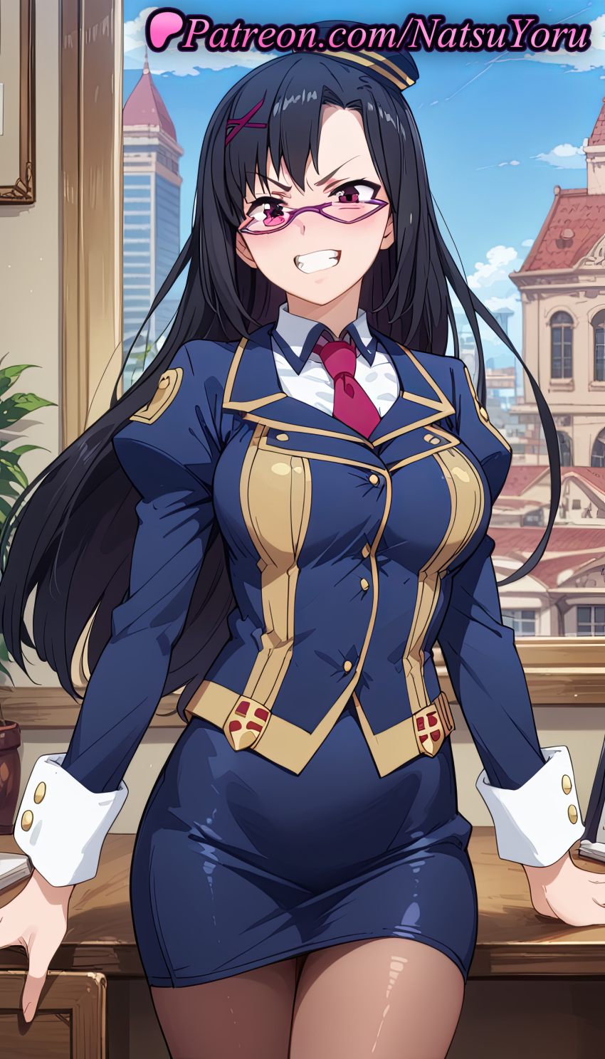 1girl 1girl 1girls 2025 ai ai_generated anime anime_style asian big_breasts big_breasts black_hair blouse blue_headwear blue_jacket blue_skirt blue_sky blush breasts brown_pantyhose building bust clenched_teeth clothing cloud collared_shirt cowboy_shot day female_focus female_only garrison_cap glasses grin hair_ornament hat hentai high_quality high_res high_res high_resolution indoors jacket juliet_sleeves kono_subarashii_sekai_ni_shukufuku_wo! long_hair long_sleeves looking_at_viewer megane miniskirt natsuyoru neck_tie pantyhose patreon pencil_skirt pink-framed_eyewear puffy_sleeves purple-framed_eyewear red_eyes red_necktie semi-rimless_eyewear sena_(konosuba) shirt skirt sky sleeve_cuffs smile solo_female stable_diffusion standing teeth tie uniform v-shaped_eyebrows voluptuous voluptuous_female white_shirt window x_hair_ornament