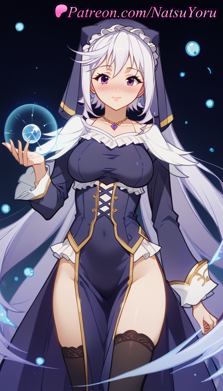 1girl 1girl 1girls 2025 ai ai_generated anime anime_style artist_name asian bangs big_breasts big_breasts black_legwear black_thighhighs blue_dress blush breasts bust closed_mouth collarbone covered_navel covered_nipples cowboy_shot cross-laced_clothes crystal_ball dress earrings eris_(konosuba) female_focus female_only frills groin habit hand_up hentai high_quality high_res high_res high_resolution jewelry kono_subarashii_sekai_ni_shukufuku_wo! long_hair long_sleeves looking_at_viewer medium_breasts natsuyoru necklace no_panties nose_blush nun orb patreon pelvic_curtain purple_dress purple_eyes purple_hair side_slit smile solo_female stable_diffusion standing stockings thighs underbust veil very_long_hair voluptuous voluptuous_female white_hair