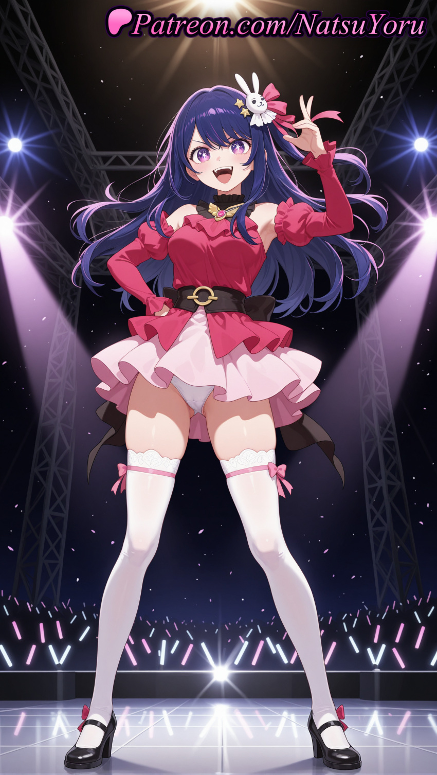 1girl 1girl 1girls ai_generated anime anime_style ass_visible_through_thighs audience bangs bare_shoulders belt big_breasts black_belt black_footwear blue_hair blush bow breasts bust cameltoe choker clothing concert detached_sleeves dress female_focus female_only frills full_body glowstick hair_ornament hair_ribbon hair_ribbons hand_on_hip hand_on_own_hip hentai high_heels high_quality high_res high_res high_resolution hoshino_ai idol idol_clothes long_hair long_sleeves looking_at_viewer mary_janes miniskirt natsuyoru one_side_up open_mouth oshi_no_ko panties panties pantyshot patreon pink_bow pink_dress pink_ribbon pink_skirt puffy_sleeves purple_eyes purple_hair rabbit_hair_ornament ribbon shoes skindentation skirt sleeveless smile solo_female spotlight stage stage_lights standing star-shaped_pupils star_(symbol) star_hair_ornament star_in_eye stockings symbol-shaped_pupils symbol_in_eye teeth thighs underwear upper_teeth_only v v-shaped_eyebrows voluptuous voluptuous_female white_legwear white_panties white_thighhighs