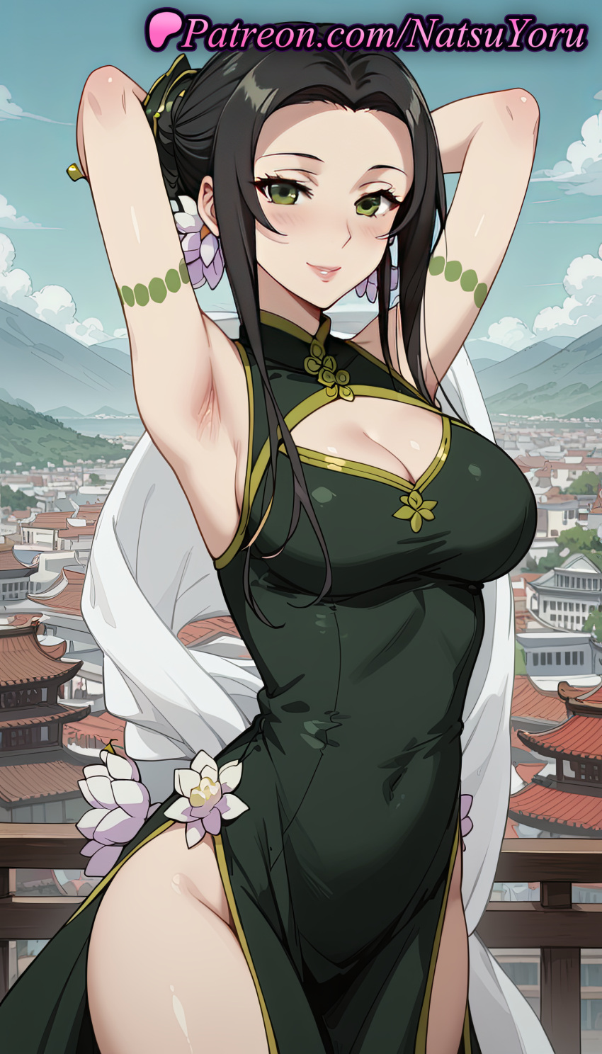 1girl 1girl 1girls 2025 ai ai_generated anime anime_style architecture armband armlet armpit armpits arms_behind_head arms_up bare_shoulders big_breasts big_breasts black_hair blue_sky blush breasts building bust china_dress chinese_clothes cleavage cleavage_cutout closed_mouth clothing_cutout cloud covered_navel cowboy_shot day dress earrings east_asian_architecture female_focus female_only flower flowers green_dress green_eyes hair_bun hair_flower hair_ornament hentai high_quality high_res high_res high_resolution jewelry lips long_hair looking_at_viewer makeup mountain mountainous_horizon natsuyoru ost_horai outside parted_lips patreon pelvic_curtain railing shawl side_slit sidelocks single_hair_bun sky sleeveless sleeveless_dress smile solo_female stable_diffusion tate_no_yuusha_no_nariagari the_rising_of_the_shield_hero thighs voluptuous voluptuous_female