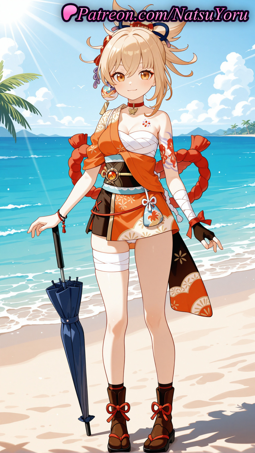 1girl 1girl 1girls 2025 ai ai_generated anime anime_style arm_tattoo asian bandaged_arm bandaged_hand bandaged_leg bandages bangs beach beach_umbrella big_breasts bikini black_gloves black_sash black_socks blonde_hair blue_sky blue_umbrella bracelet breasts bust chest_sarashi chest_tattoo choker cleavage closed_mouth closed_umbrella cloud collar collarbone day earring earrings female_focus female_only fingerless_gloves flower_tattoo full_body genshin_impact geta gloves hadanugi_dousa hair_between_eyes hair_ornament hentai high_quality high_res high_res high_resolution japanese_clothes jewelry kanzashi kimono kinchaku lipstick looking_at_viewer medium_breasts midriff natsuyoru navel obi ocean orange_eyes orange_kimono outside palm_tree patreon pendant_choker planted ponytail pouch red_choker rope sand sandals sarashi sash shimenawa short_kimono single_bare_shoulder single_fingerless_glove single_glove sky smile socks solo_female stable_diffusion standing sun sunlight tabi tattoo thighs tied_hair tree umbrella vision_(genshin_impact) voluptuous voluptuous_female wafuku water wrist_wrap yellow_eyes yoimiya_(genshin_impact)