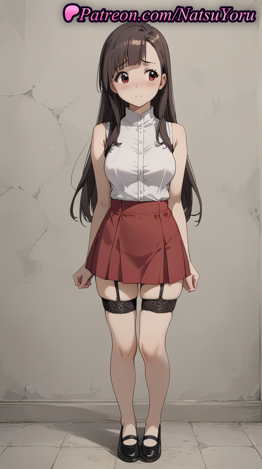 1girl 1girl 1girls 2025 ai ai_generated anime anime_style arms_at_sides asian asymmetrical_bangs averting_eyes bangs bare_arms bare_shoulders big_breasts big_breasts black_footwear black_garter_straps blunt_bangs blush breasts brown_eyes brown_hair bust buttons clenched_hands closed_mouth collared_shirt embarrassed female_focus female_only full_body garter_belt garter_straps hentai high-waist_skirt high_heels high_quality high_res high_res high_resolution kono_subarashii_sekai_ni_shukufuku_wo! lace-trimmed_legwear lace_trim long_hair looking_at_viewer looking_away looking_to_the_side mary_janes medium_breasts miniskirt natsuyoru patreon pleated_skirt red_eyes red_skirt shirt shirt_tucked_in shoes skindentation skirt sleeveless sleeveless_blouse sleeveless_shirt smile solo_female stable_diffusion standing stockings straight_hair thighs voluptuous voluptuous_female white_shirt yuiyui_(konosuba) zettai_ryouiki