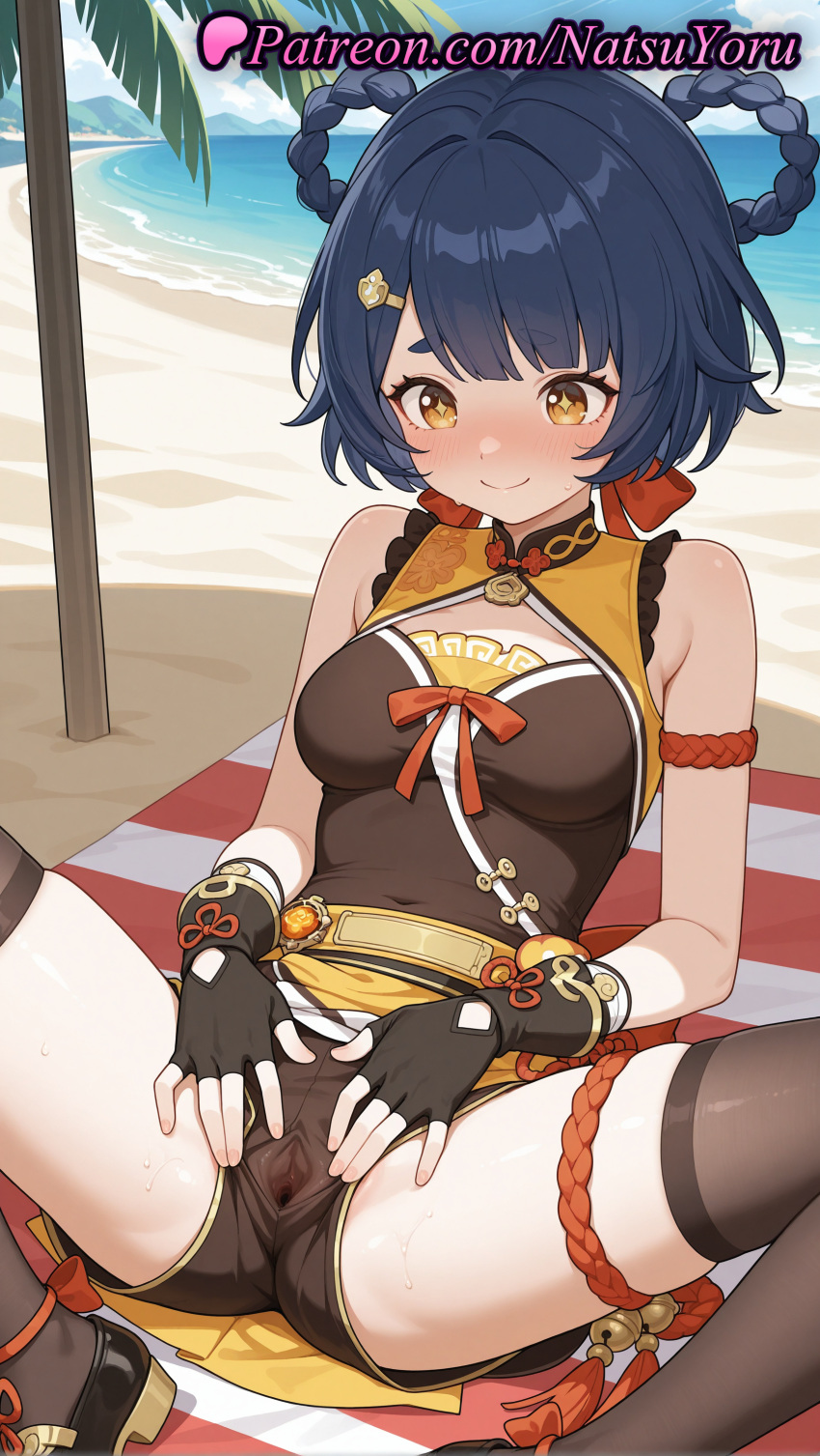 2025 ai_generated anime anime_style arm_strap asian bangs bare_shoulders beach beach_towel bell belt big_breasts black_footwear black_gloves black_hair black_legwear black_shorts black_thighhighs blue_hair blue_sky blush braid braided_hair_rings breasts brown_thighhighs bust china_dress chinese_clothes closed_mouth clothing_cutout cloud covered_navel dark_blue_hair day dress female_focus fingerless_gloves genshin_impact gloves hair_ornament hair_rings hairclip hentai high_quality high_res high_resolution looking_at_viewer lying medium_breasts natsuyoru ocean on_back outside palm_tree patreon pussy shore short_hair short_shorts shorts sitting sky sleeveless sleeveless_dress smile spread_legs spread_pussy spread_pussy_under_clothes stable_diffusion stockings sweat thick_eyebrows thigh_strap thighs tree twin_braids uncensored voluptuous voluptuous_female water xiangling_(genshin_impact) yellow_eyes