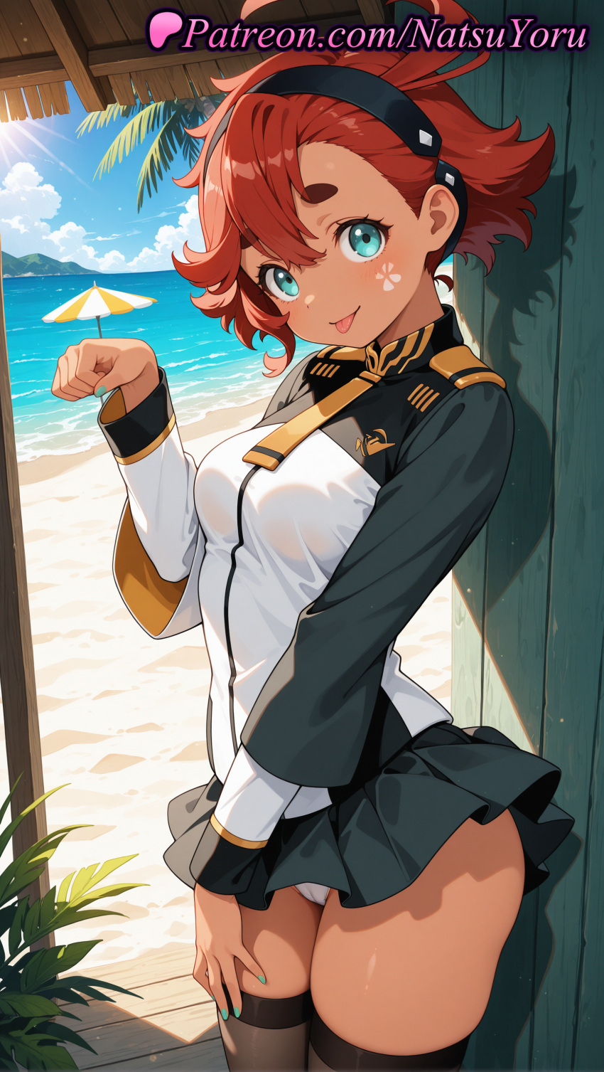 1girl 1girl 1girls 2025 ahoge ai ai_assisted ai_generated anime anime_style aqua_eyes aqua_nails asticassia_school_uniform bangs beach beach_umbrella big_breasts black_hairband black_legwear black_skirt black_thighhighs blue_eyes blue_sky blush breasts bust clothing cloud cowboy_shot dark-skinned_female dark_skin day ebony facial_mark female_focus female_only gundam gundam_suisei_no_majo hair_between_eyes hairband hand_on_own_thigh hentai high_quality high_res high_res high_resolution jacket legwear long_sleeves looking_at_viewer low_ponytail medium_breasts microskirt miniskirt multicolored_jacket nail_polish natsuyoru non-asian ocean outside palm_tree panties panties pantyshot patreon paw_pose plant pleated_skirt red_hair school_uniform shadow shirt short_hair shoulder_boards skindentation skirt sky smile solo_female stable_diffusion standing stockings suletta_mercury sunlight tattoo thick_eyebrows thighs tongue tongue_out tree umbrella underwear voluptuous voluptuous_female water white_jacket white_panties