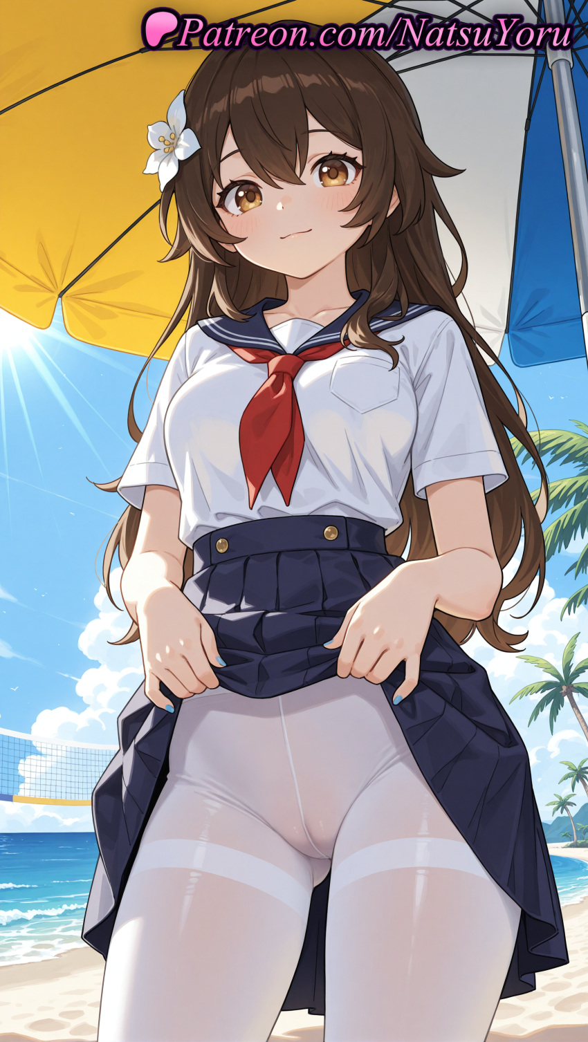 1girl 1girl 1girls 2025 ai ai_generated alternate_costume anime anime_style asian ass_visible_through_thighs bangs beach beach_umbrella big_breasts blue_nails blue_sailor_collar blue_skirt blue_sky blush breasts brown_eyes brown_hair bust cameltoe closed_mouth clothes_lift cloud collarbone cowboy_shot crotch_seam day female_focus female_only female_solo flower hair_between_eyes hair_flower hair_ornament hentai high-waist_skirt high_quality high_res high_res high_resolution lifted_by_self long_hair looking_at_viewer medium_breasts miniskirt nail_polish natsuyoru neckerchief no_panties oc ocean original original_character outside palm_tree pantyhose patreon pleated_skirt pocket red_neckerchief sailor_collar sailor_uniform school_uniform serafuku shirt shirt_tucked_in short_sleeves skirt skirt_lift sky smile solo_female stable_diffusion standing thighband_pantyhose thighs tree umbrella voluptuous voluptuous_female white_flower white_pantyhose white_shirt