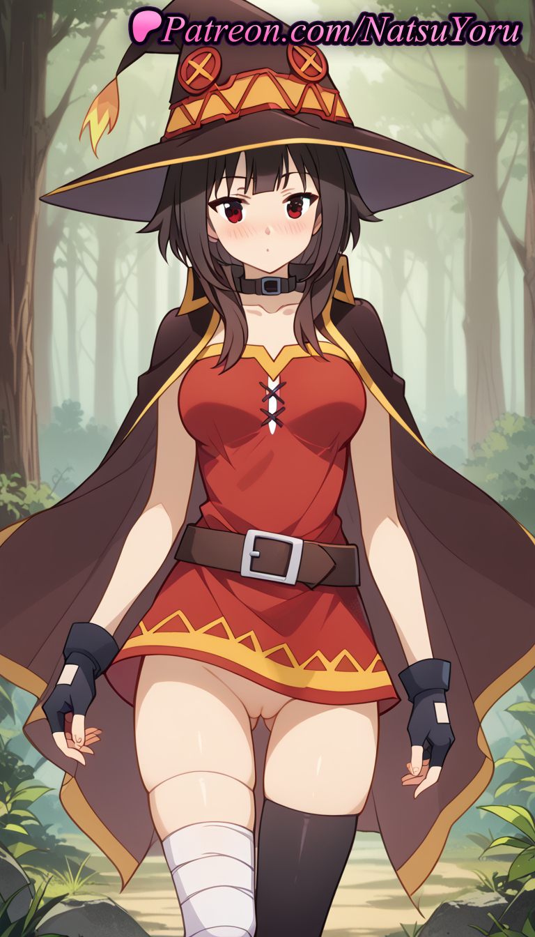 1girl 1girl 1girls 2025 ai ai_generated alternate_breast_size anime anime_style anus anus artist_name asian ass_visible_through_thighs asymmetrical_legwear bandaged_leg bandages bangs belt belt_buckle big_breasts black_belt black_cape black_choker black_gloves black_hair black_headwear black_thighhighs blush breasts brown_belt brown_cape brown_hair brown_headwear buckle bust button_eyes cape choker cleft_of_venus closed_mouth collar collarbone cowboy_shot day dress female_focus female_only female_solo fingerless_gloves forest gloves grass hat hentai high_quality high_res high_res high_resolution kono_subarashii_sekai_ni_shukufuku_wo! looking_at_viewer medium_breasts megumin mismatched_legwear natsuyoru nature no_panties outside patreon pussy pussy red_dress red_eyes short_dress short_hair short_hair_with_long_locks sidelocks single_thighhigh skindentation small_breasts socks solo_female stable_diffusion standing stockings thigh_gap tree uncensored voluptuous voluptuous_female witch_hat