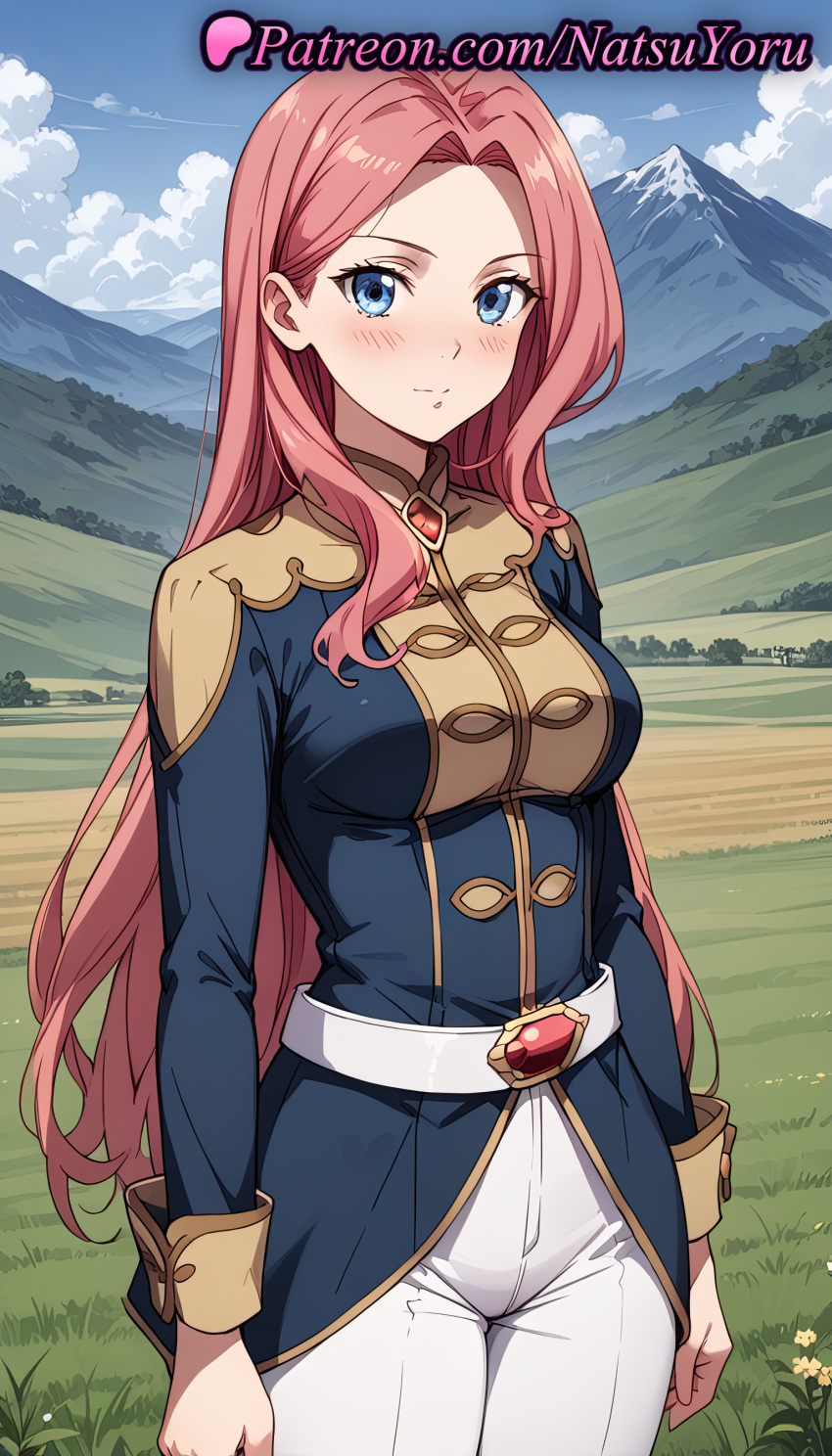 1girl 1girls 2025 ai ai_generated anime anime_style arms_at_sides belt big_breasts blue_eyes blue_jacket blue_sky blush breasts bust clenched_hands closed_mouth clothing cloud cowboy_shot day eclair_seaetto female_focus female_only field flower grass hentai high_quality high_res high_res high_resolution jacket long_hair long_sleeves looking_at_viewer medium_breasts military military_uniform mountain mountainous_horizon natsuyoru non-asian outside pants patreon pink_hair red_hair shirt sky smile solo_female stable_diffusion standing tate_no_yuusha_no_nariagari the_rising_of_the_shield_hero uniform very_long_hair voluptuous voluptuous_female white_belt white_pants