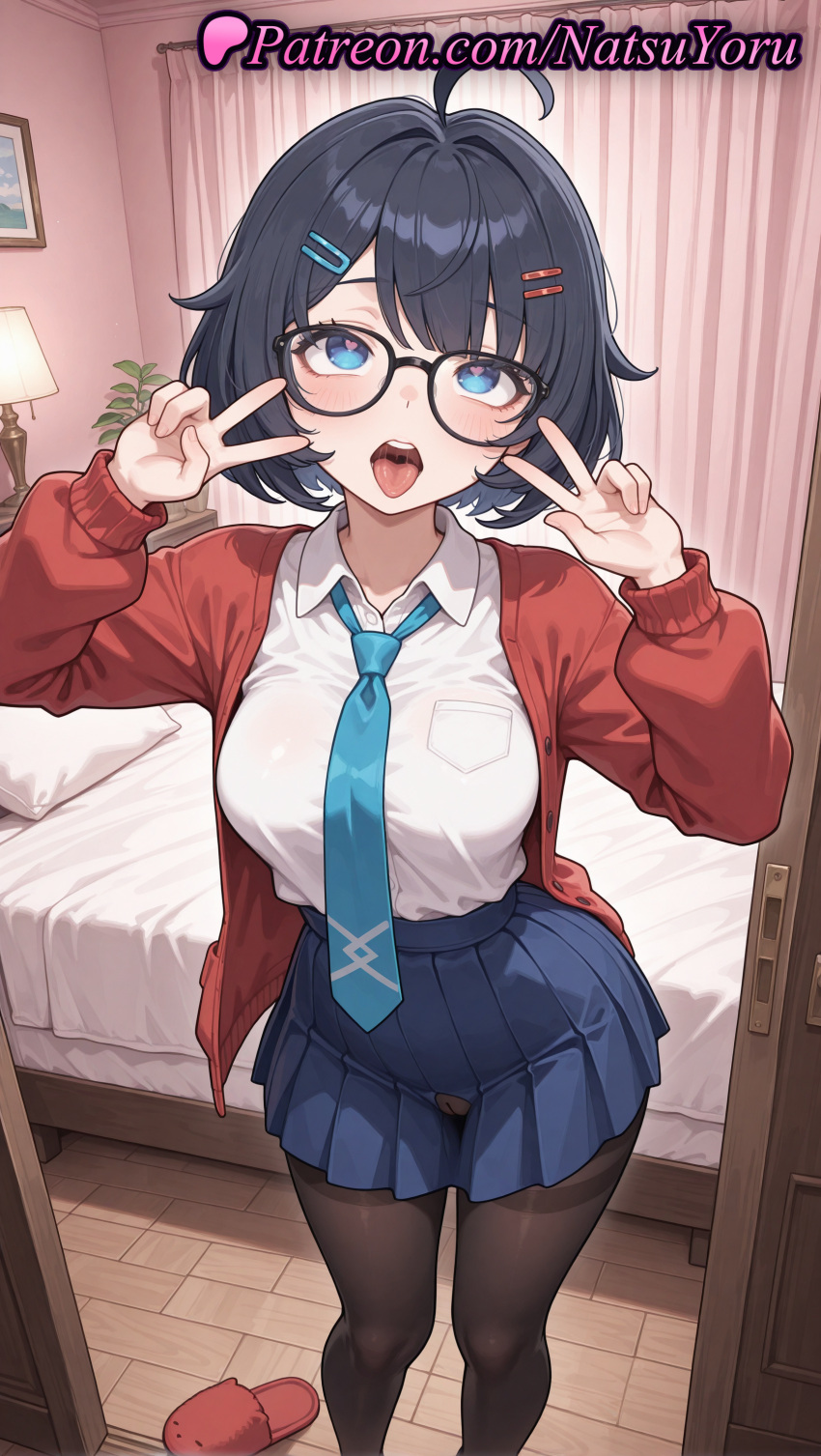 2025 ahegao ahoge ai_generated anime anime_style bangs bed bedroom big_breasts black-framed_eyewear black_hair black_pantyhose blue_eyes blue_hair blue_necktie blue_skirt blush breasts bust cardigan clothing collared_shirt crotchless curtains double_v female_focus glasses hair_clips hair_ornament hairclip heart heart-shaped_pupils hentai high_quality high_res high_resolution indoors jacket lamp legwear long_sleeves looking_at_viewer megane mila_(miside) miniskirt miside mita_(miside) natsuyoru neck_tie open_cardigan open_clothes open_mouth pantyhose patreon plant pleated_skirt red_cardigan red_jacket school_uniform shirt shirt_tucked_in short_hair skirt slippers stable_diffusion standing symbol-shaped_pupils thighband_pantyhose tie tongue tongue_out upper_teeth_only voluptuous voluptuous_female white_shirt wooden_floor