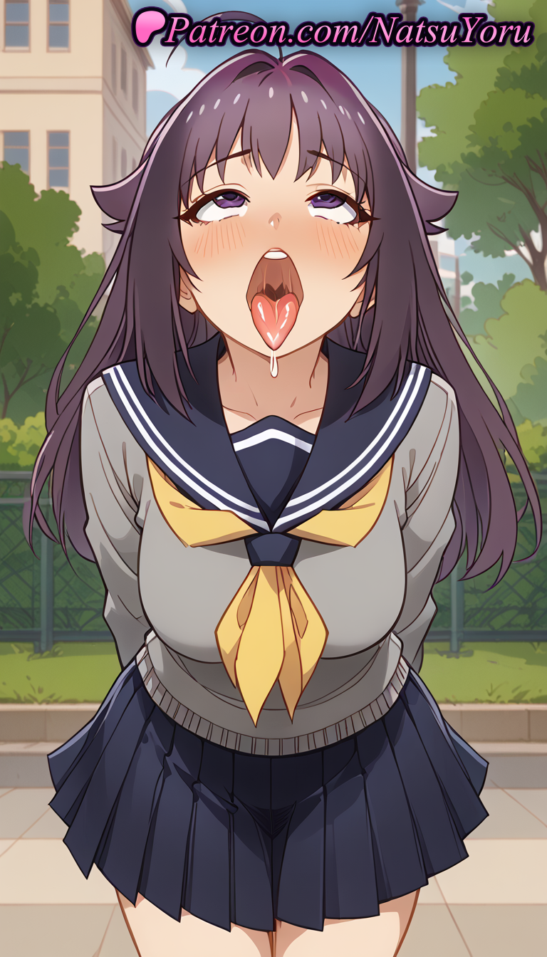 2025 ahegao ahoge ai_generated anime anime_style arms_behind_back bangs big_breasts black_sailor_collar black_skirt blue_skirt blush breasts building bust collarbone cowboy_shot day drooling female_focus fence grey_sweater hair_flaps hair_intakes hentai high_quality high_res high_resolution koshi_anko leaning_forward long_hair long_sleeves looking_up my_deer_friend_nokotan natsuyoru neckerchief open_mouth oral_invitation outside patreon pleated_skirt purple_eyes purple_hair rolling_eyes sailor_collar sailor_uniform saliva school_uniform serafuku shikanoko_nokonoko_koshitantan skirt sky stable_diffusion sweater teeth tongue tongue_out tree upper_teeth_only uvula voluptuous voluptuous_female yellow_neckerchief