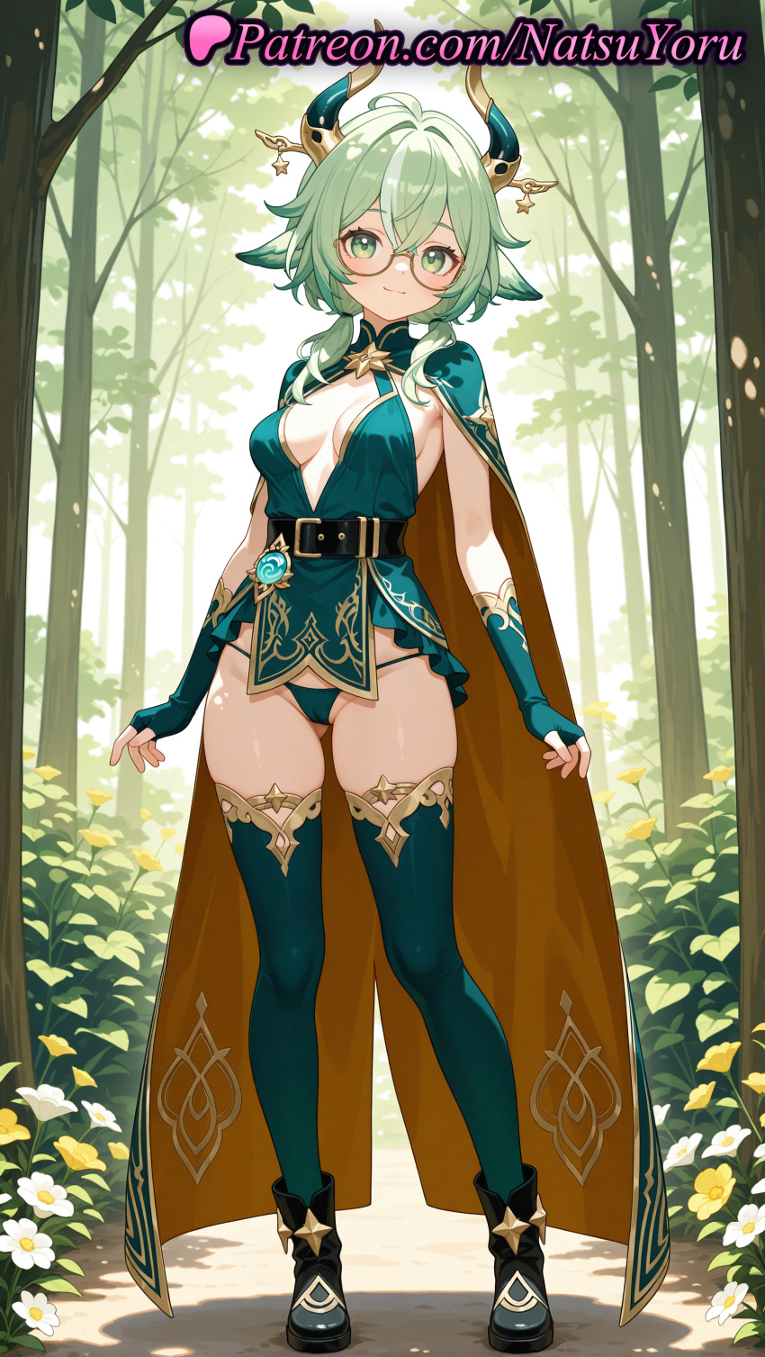 2025 ai_generated alternate_costume animal_ears anime anime_style ass_visible_through_thighs bangs belt big_breasts black_belt black_footwear boots breasts bust cameltoe cape cleavage closed_mouth crossed_bangs dress female_focus fingerless_gloves flower forest full_body genshin_impact glasses gloves gold_trim green_cape green_dress green_eyes green_hair green_panties green_thighhighs hair_between_eyes hair_flaps hentai high_heels high_quality high_res high_resolution horns looking_at_viewer medium_breasts medium_hair megane multicolored_hair natsuyoru nature outside panties patreon round_eyewear semi-rimless_eyewear short_dress sleeveless smile stable_diffusion standing stockings streaked_hair string_panties sucrose_(genshin_impact) thighs tree underwear vision_(genshin_impact) voluptuous voluptuous_female