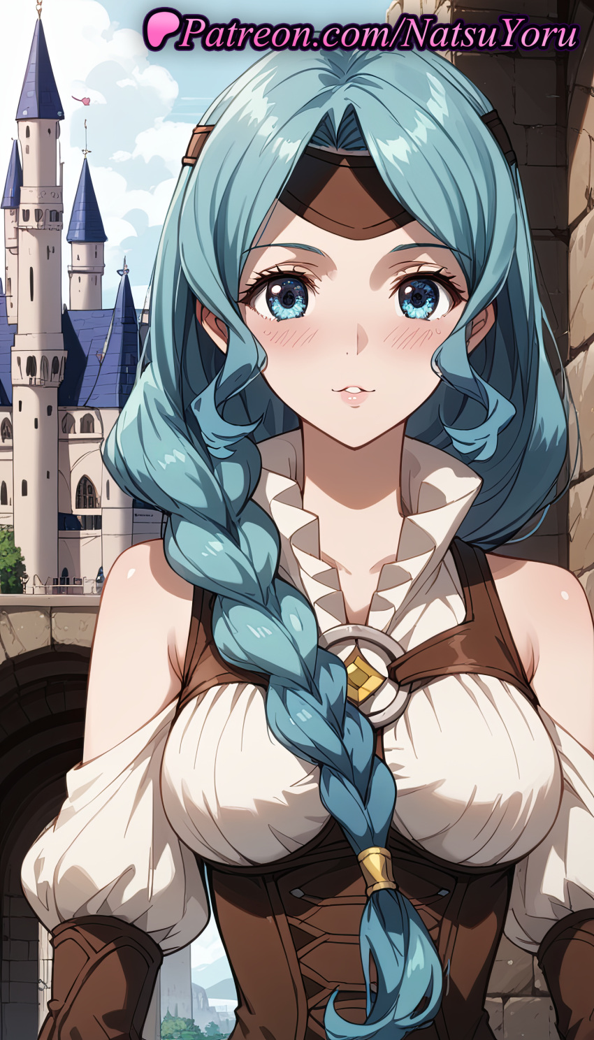 2025 ai_generated alternate_costume anime anime_style aqua_eyes aqua_hair bare_shoulders big_breasts blue_eyes blue_hair blush braid braided_ponytail breasts bust castle clothing_cutout cloud collarbone corset day detached_sleeves female_focus hair_over_shoulder headband hentai high_quality high_res high_resolution lips long_hair long_sleeves looking_at_viewer medium_breasts natsuyoru non-asian outside parted_bangs parted_lips patreon puffy_sleeves shirt shoulder_cutout single_braid sky smile stable_diffusion tate_no_yuusha_no_nariagari the_rising_of_the_shield_hero therese_alexanderite underbust upper_body voluptuous voluptuous_female white_shirt