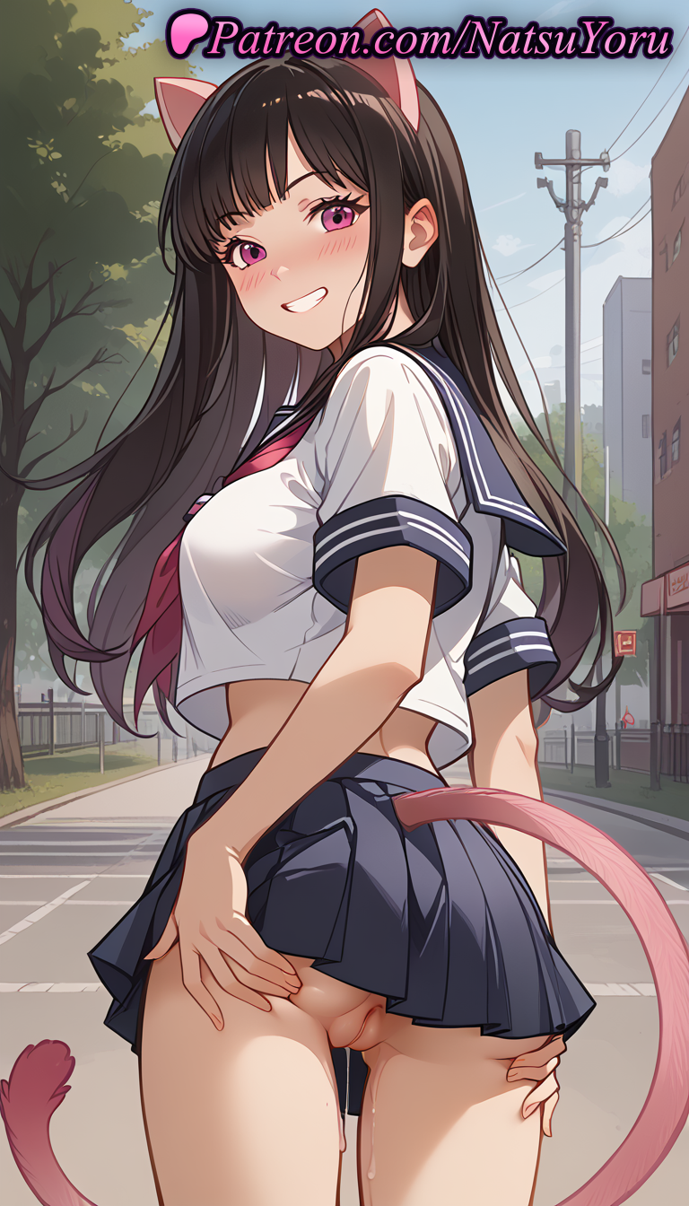 2025 ai_generated anal_tail animal_ears anime anime_style anus ass ass_grab bangs big_breasts black_hair black_skirt blue_sailor_collar blue_skirt blush breasts brown_hair bust cat_ears cat_tail cleft_of_venus cowboy_shot crop_top crop_top_overhang cropped_shirt day extra_ears fake_animal_ears fake_tail female_focus from_behind grabbing_own_ass grin hands_on_own_ass hentai high_quality high_res high_resolution iki_hiyori juicy_butt labia labia_majora long_hair looking_at_viewer looking_back medium_breasts microskirt midriff miniskirt natsuyoru neckerchief nekomimi no_panties noragami outside patreon pink_eyes pleated_skirt public_indecency purple_eyes pussy pussy_juice pussy_juice_trail red_neckerchief road sailor_collar sailor_uniform school_uniform serafuku shirt short_sleeves skirt smile stable_diffusion standing street tail teeth thighs traffic_light uncensored underbutt utility_pole voluptuous voluptuous_female white_shirt