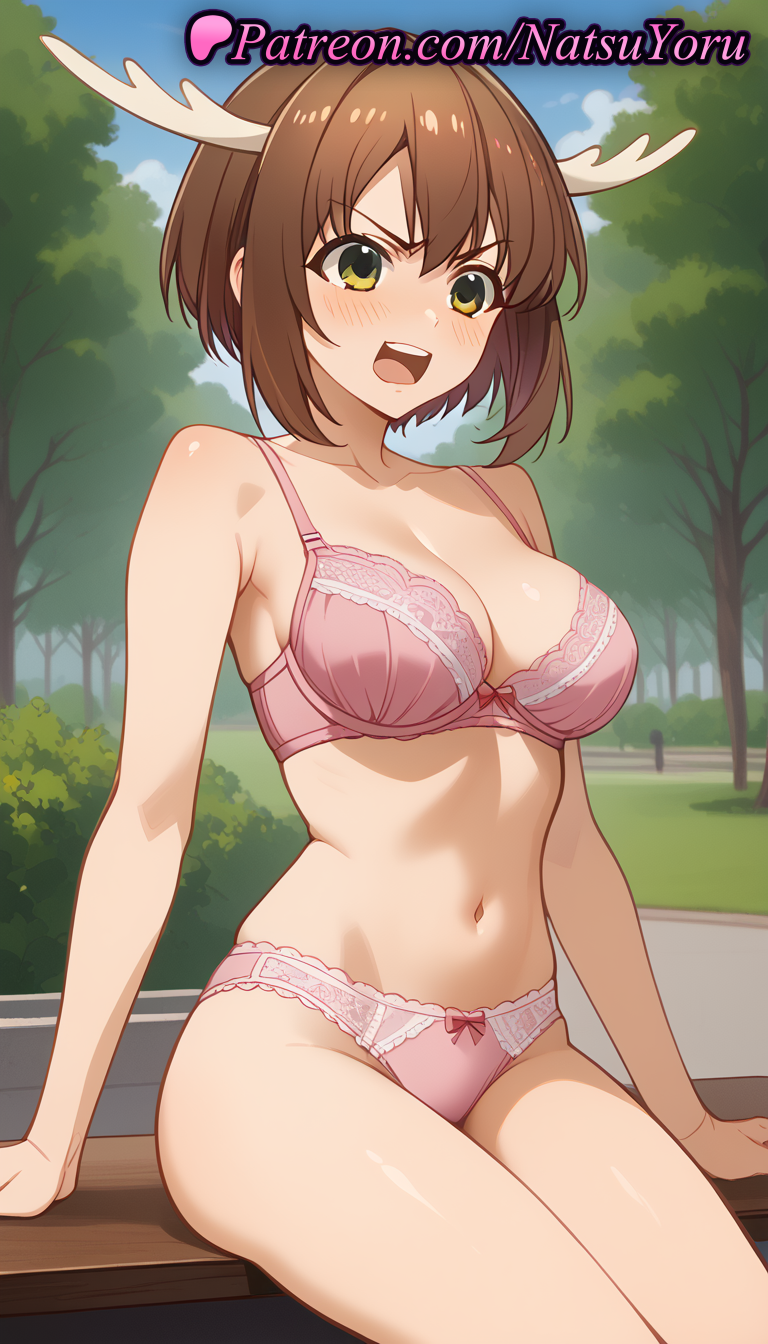 2025 ai_generated angry animal_ears anime anime_style antlers arm_support bangs bare_arms bare_shoulders bench big_breasts blue_sky blush bow bow_bra bow_panties bra breasts brown_hair bush bust cleavage cloud collarbone day female_focus green_eyes hentai high_quality high_res high_resolution horns lace-trimmed_bra lace-trimmed_panties lingerie looking_at_viewer medium_breasts my_deer_friend_nokotan natsuyoru navel open_mouth outside panties park park_bench patreon pink_bra pink_panties shikanoko_noko shikanoko_nokonoko_koshitantan short_hair sitting sky stable_diffusion stomach sweatdrop teeth thighs tree underwear underwear_only upper_teeth_only v-shaped_eyebrows voluptuous voluptuous_female yellow_eyes