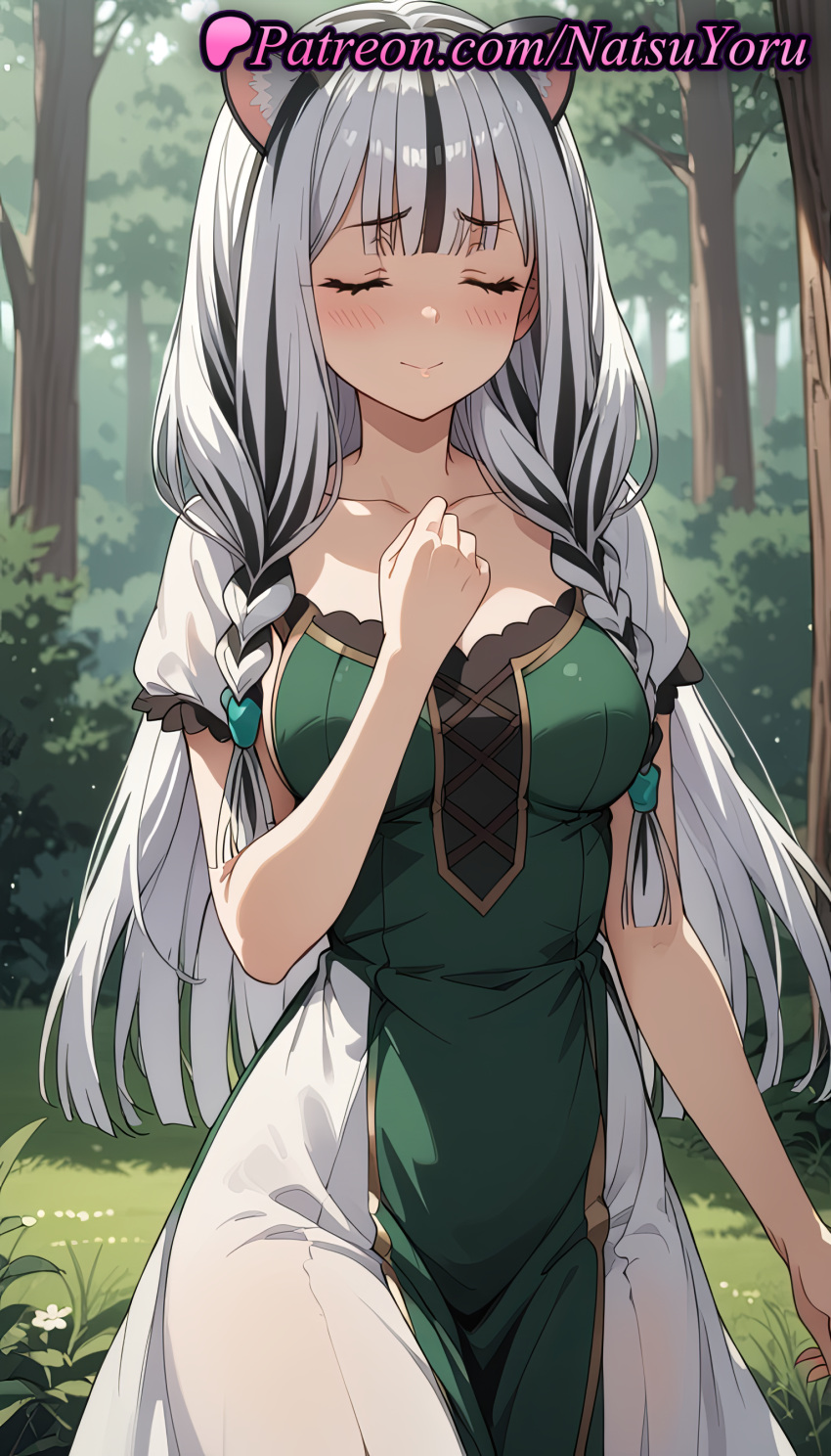 2025 ai_generated animal_ears anime anime_style asian atla_fayon bangs big_breasts black_hair blunt_bangs blush braid breasts bust cat_ears cleavage closed_eyes closed_mouth collarbone cowboy_shot day dress female_focus forest grass green_dress grey_hair hand_on_own_chest hand_up hentai high_quality high_res high_resolution long_hair medium_breasts multicolored_hair natsuyoru nature official_alternate_hairstyle outside patreon puffy_short_sleeves puffy_sleeves short_sleeves silver_hair smile stable_diffusion streaked_hair tate_no_yuusha_no_nariagari the_rising_of_the_shield_hero tiger_ears tree twin_braids two-tone_dress two-tone_hair voluptuous voluptuous_female white_dress white_hair