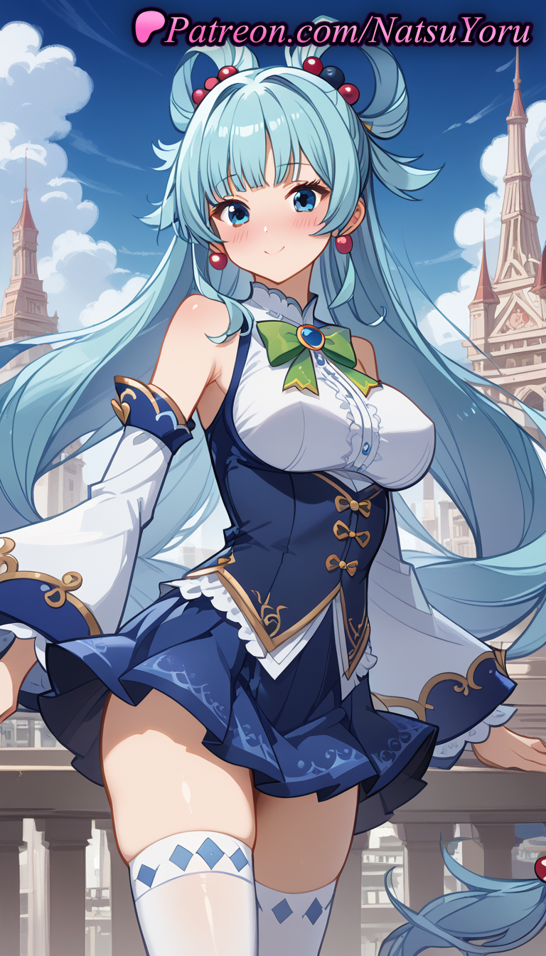 2025 ai_generated anime anime_style aqua_(konosuba) aqua_hair armpit_crease asian bangs bare_shoulders big_breasts blue_eyes blue_hair blue_skirt blue_sky blue_vest blush bow bowtie breasts building bust center_frills closed_mouth cloud corset cowboy_shot day detached_sleeves earrings female_focus female_solo frilled_sleeves frills gem green_bow green_bowtie hair_bobbles hair_intakes hair_ornament hair_rings hentai high_quality high_res high_resolution jewelry kono_subarashii_sekai_ni_shukufuku_wo! long_hair long_sleeves looking_at_viewer medium_breasts miniskirt natsuyoru outside patreon pleated_skirt railing shirt sidelocks single_hair_ring skindentation skirt sky sleeveless sleeveless_shirt smile stable_diffusion standing stockings thighs underbust very_long_hair voluptuous voluptuous_female white_shirt white_sleeves white_thighhighs wide_sleeves zettai_ryouiki