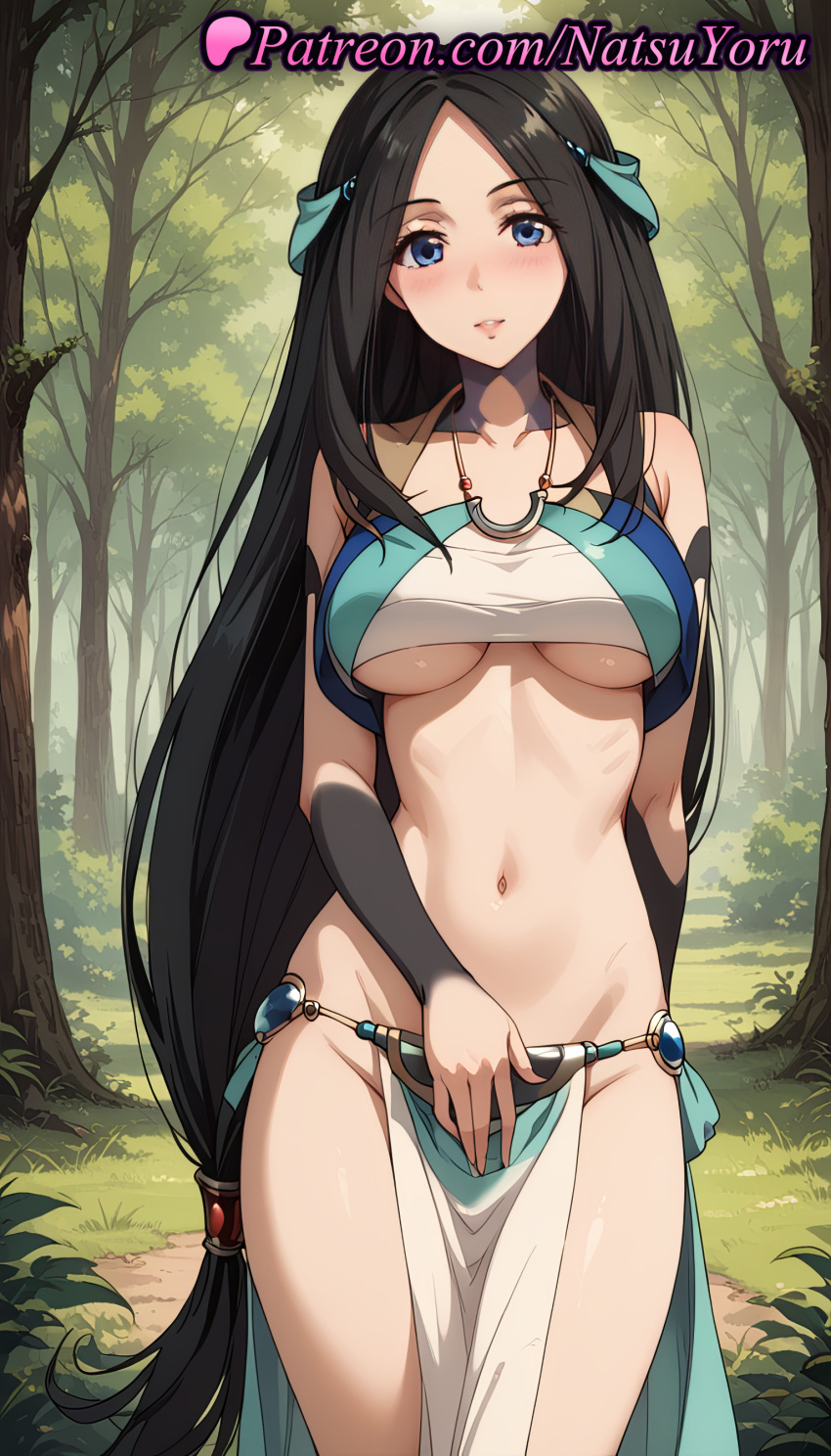 2025 ai_generated anime anime_style arm_behind_back artist_name bandeau bangs bare_shoulders big_breasts bikini black_hair blue_eyes blush breasts bust cleavage collarbone cowboy_shot crop_top day female_focus female_solo forehead forest grass groin hair_ornament hentai high_quality high_res high_resolution jewelry loincloth long_hair looking_at_viewer low-tied_long_hair medium_breasts midriff natsuyoru nature navel necklace no_panties o-ring outside parted_bangs parted_hair parted_lips patreon pelvic_curtain revealing_clothes sadeena skirt smile stable_diffusion standing stomach tate_no_yuusha_no_nariagari the_rising_of_the_shield_hero thighs tree under_boob very_long_hair voluptuous voluptuous_female