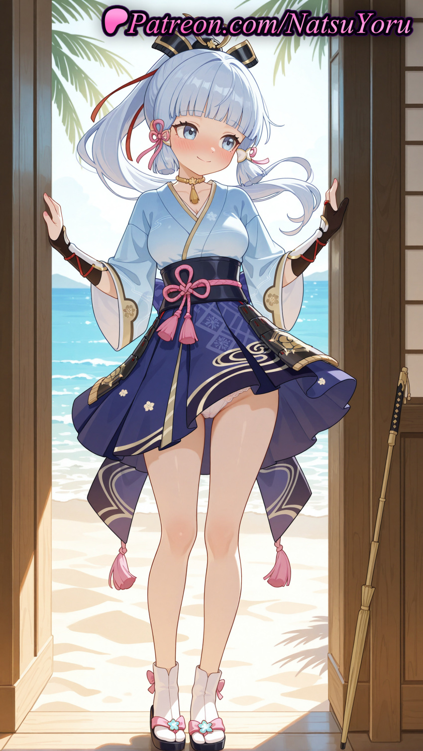 2025 ai_generated anime anime_style arm_guards armor asian ass_visible_through_thighs bangs bare_legs beach big_breasts blue_eyes blue_hair blue_hakama blue_kimono blue_skirt blunt_bangs blush breastplate breasts bridal_gauntlets bust choker closed_mouth collarbone day female_focus floating_hair flower_knot full_body gauntlets genshin_impact gloves gold_choker hair_ornament hair_ribbon hakama hakama_short_skirt hakama_skirt hentai high_quality high_res high_resolution hoyoverse japanese_armor japanese_clothes kamisato_ayaka kamisato_ayaka_(springbloom_missive) kimono legs light_blue_hair long_hair long_sleeves looking_at_viewer looking_away looking_to_the_side medium_breasts mihoyo mole mole_under_eye natsuyoru neck_ring neck_tassel ocean outside panties pantyshot patreon ponytail ribbon sandals sash sidelocks skirt smile socks stable_diffusion standing sword tabi tassel thighs underwear voluptuous voluptuous_female wafuku weapon white_panties white_socks wide_sleeves wind wind_lift zouri