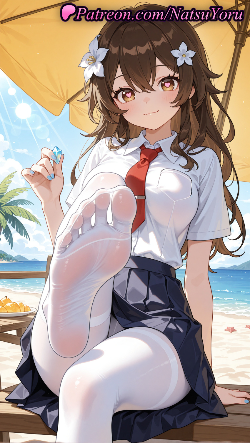 2025 ai_generated anime anime_style arm_support asian bangs beach beach_umbrella big_breasts black_skirt blouse blue_nails blue_skirt blush breast_pocket breasts brown_eyes brown_hair bust closed_mouth collared_shirt crossed_bangs day feet female_focus flower foot_fetish foot_focus foot_out_of_frame foot_up hair_between_eyes hair_flower hair_ornament heart heart-shaped_pupils hentai high_quality high_res high_resolution holding leg_lift legs long_hair looking_at_viewer nail_polish natsuyoru neck_tie no_shoes oc ocean original original_character outside palm_tree panties panties_under_pantyhose pantyhose patreon pleated_skirt pocket pov_feet presenting_foot red_necktie school_uniform sheer_legwear shirt shirt_tucked_in short_sleeves sidelocks sitting skirt sky smile soles stable_diffusion starfish symbol-shaped_pupils thighband_pantyhose thighs tie toes tree umbrella underwear voluptuous voluptuous_female white_flower white_pantyhose white_shirt