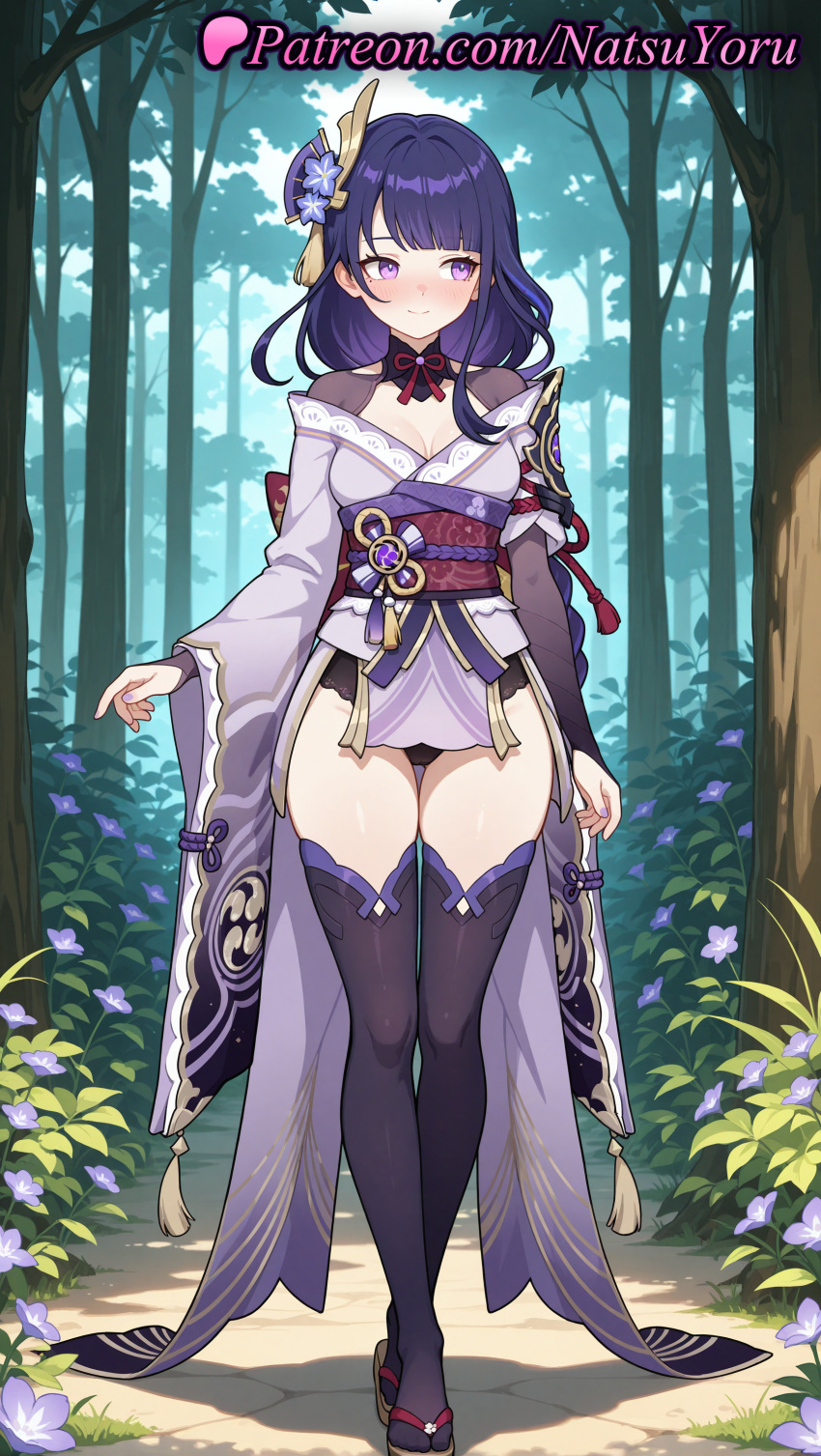 2025 ai_generated anime anime_style armor ass_visible_through_thighs averting_eyes bangs big_breasts black_panties black_thighhighs blunt_bangs blush braid braided_ponytail breasts bridal_gauntlets bush bust cleavage closed_mouth day female_focus flower flowers forest full_body genshin_impact hair_flower hair_ornament hentai high_quality high_res high_resolution japanese_clothes kimono long_hair long_sleeves looking_at_viewer looking_to_the_side medium_breasts mitsudomoe_(shape) mole mole_under_eye nail_polish natsuyoru nature obi obiage obijime off_shoulder outside panties patreon purple_eyes purple_flower purple_hair purple_kimono purple_nails purple_thighhighs raiden_shogun sandals sash short_kimono shoulder_armor shrug_(clothing) smile stable_diffusion standing stockings tabi tassel thigh_gap thighs tied_hair tomoe_(symbol) tree underwear vision_(genshin_impact) voluptuous voluptuous_female wafuku walking watson_cross wide_sleeves zouri