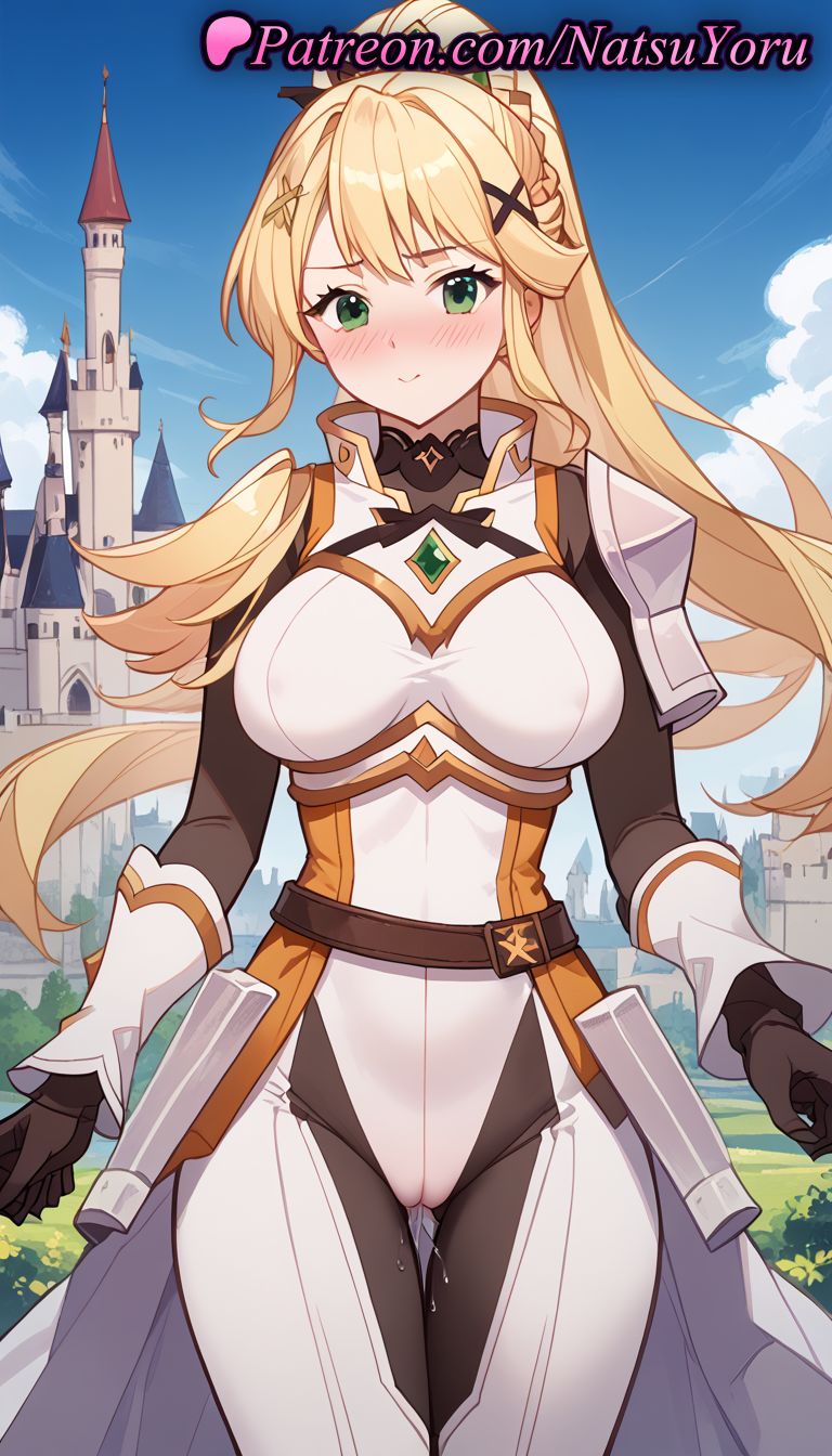 2025 ai_generated anime anime_style armor ass_visible_through_thighs bangs belt big_breasts black_gloves blonde_hair blue_sky blush bodysuit braid breasts bust cameltoe castle closed_mouth cloud covered_nipples cowboy_shot darkness_(konosuba) day faulds female_focus floating_hair gloves green_eyes hair_ornament hentai high_quality high_res high_resolution kono_subarashii_sekai_ni_shukufuku_wo! long_hair looking_at_viewer natsuyoru outside patreon pauldrons ponytail pussy_juice pussy_juice_drip_through_clothes pussy_juice_trail shoulder_armor sky smile stable_diffusion standing thigh_gap very_long_hair voluptuous voluptuous_female x_hair_ornament