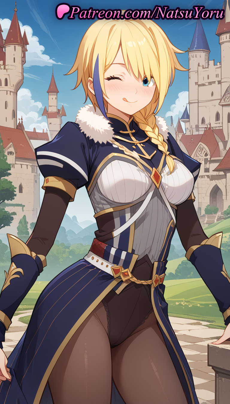 2025 ai_generated anime anime_style armor bangs big_breasts black_leotard blonde_hair blue_eyes blue_hair blue_sky blush bodysuit braid braided_ponytail breasts brown_pantyhose bust castle claire_(konosuba) closed_mouth cloud cowboy_shot day female_focus fur_trim groin hair_over_shoulder hentai high_quality high_res high_resolution highleg highleg_leotard kono_subarashii_sekai_ni_shukufuku_wo! layered_sleeves leotard long_hair long_sleeves looking_at_viewer medium_breasts multicolored_hair natsuyoru one_eye_closed outside pantyhose patreon puffy_short_sleeves puffy_sleeves short_over_long_sleeves short_sleeves single_braid sky smile stable_diffusion standing streaked_hair tongue tongue_out two-tone_hair two_tone_hair voluptuous voluptuous_female waist_cape