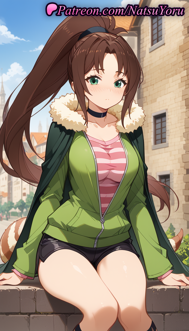 2025 ai_generated anime anime_style artist_name bangs big_breasts black_choker black_shorts blue_sky blush breasts brown_hair building bust cape choker cleavage closed_mouth collarbone day feet_out_of_frame female_focus fur_trim green_cape green_eyes green_jacket hentai high_ponytail high_quality high_res high_resolution jacket kono_subarashii_sekai_ni_shukufuku_wo! long_hair long_sleeves looking_at_viewer natsuyoru open_clothes open_jacket outside parted_bangs partially_unzipped patreon pink_shirt ponytail rin_(konosuba) shirt short_shorts shorts sitting sky socks stable_diffusion striped striped_clothes striped_shirt tail thighs very_long_hair voluptuous voluptuous_female zipper