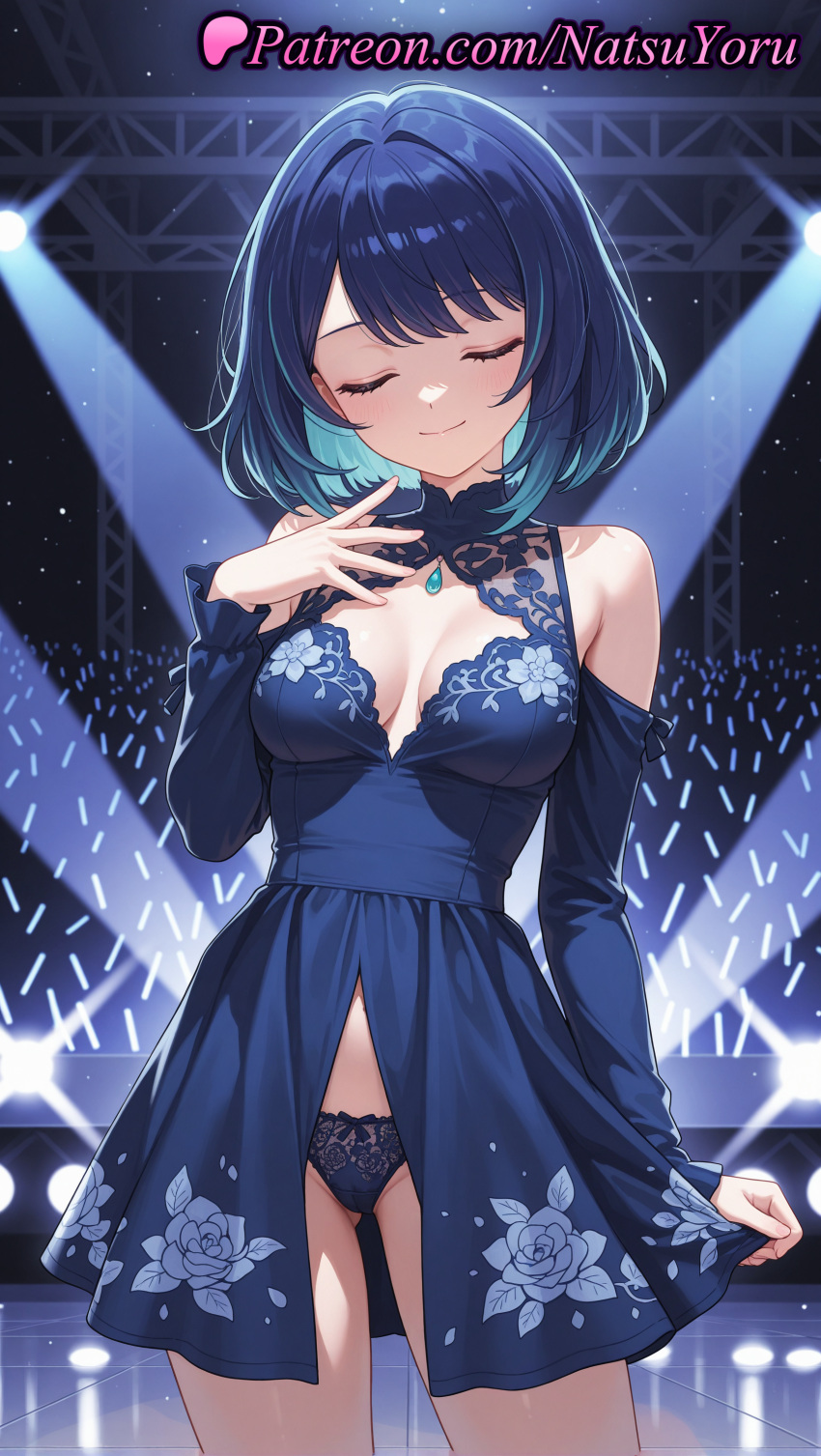 2025 ai_generated anime anime_style asian ass_visible_through_thighs audience bangs bare_shoulders big_breasts black_panties blue_dress blue_hair blue_panties blush breasts bust cleavage closed_eyes closed_mouth clothing clothing_cutout concert cowboy_shot detached_sleeves dress facing_viewer female_focus floral_print glowstick hand_on_own_chest hand_up hentai high_quality high_res high_resolution kurokawa_akane lace_panties long_sleeves medium_breasts multicolored_hair natsuyoru oshi_no_ko panties patreon rose_print short_hair shoulder_cutout smile spotlight stable_diffusion stage stage_lights standing swept_bangs thighs underwear voluptuous voluptuous_female