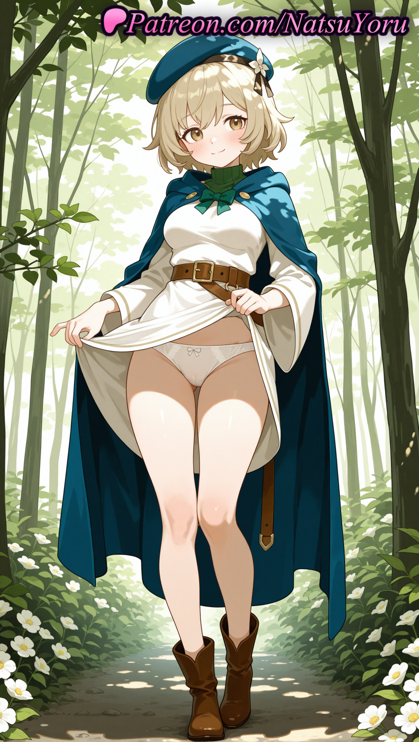 2025 ai_generated anime anime_style bangs bare_legs belt beret big_breasts blonde_hair blue_cape blue_headwear blush boots bow bow_panties bowtie breasts brown_belt brown_eyes brown_footwear brown_hair bust cameltoe cape cloak closed_mouth clothes_lift day delicious_in_dungeon dress dress_lift dungeon_meshi falin_touden female_focus female_solo flower forest full_body green_bow hair_ornament hat hentai high_quality high_res high_resolution hood hooded_cape hooded_cloak legs lifted_by_self light_brown_hair long_sleeves looking_at_viewer medium_breasts natsuyoru nature outside panties patreon short_hair skirt_lift smile stable_diffusion standing thighs tree two-sided_fabric underwear voluptuous voluptuous_female white_dress white_flower white_panties wide_sleeves yellow_eyes