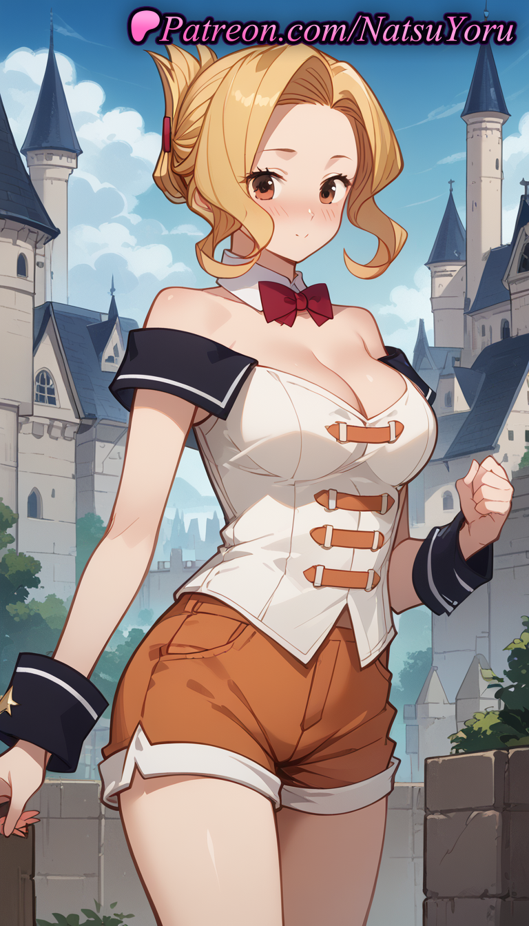 2025 ai_generated anime anime_style bare_shoulders big_breasts blonde_hair blue_sky blush bow bowtie breasts brown_eyes brown_shorts building bust castle cleavage closed_mouth cloud collar corset cowboy_shot day detached_collar female_focus folded_ponytail forehead hair_bun hentai high_quality high_res high_resolution kono_subarashii_sekai_ni_shukufuku_wo! looking_at_viewer luna_(konosuba) medium_breasts more_at_source natsuyoru off_shoulder orange_shorts outside parted_bangs patreon red_bow red_bowtie shirt short_shorts shorts sky smile stable_diffusion standing thighs voluptuous voluptuous_female white_shirt wrist_cuffs