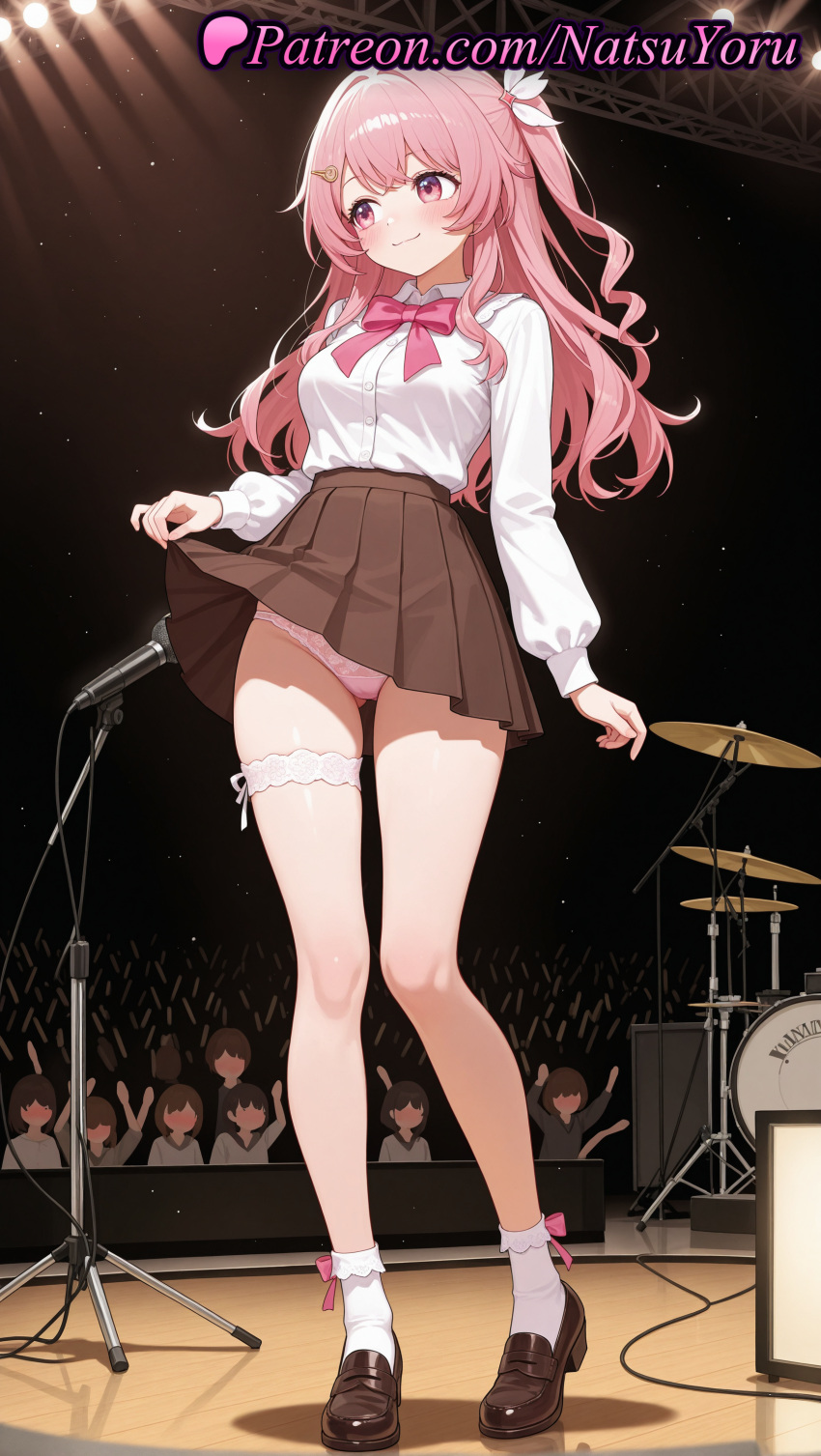 ai_generated anime anime_style asian audience bangs big_breasts blouse blush bow bowtie breasts bridal_garter brown_footwear brown_skirt bust closed_mouth clothes_lift clothing collared_shirt concert crowd dress_shirt drum drum_set faceless female_focus flashing full_body glowstick hair_between_eyes hair_ornament hair_ribbon hairclip hentai high_quality high_res high_resolution instrument kotobuki_minami legs lifted_by_self loafers long_hair long_sleeves looking_at_viewer looking_to_the_side medium_breasts microphone microphone_stand miniskirt natsuyoru one_side_up oshi_no_ko panties pantyshot patreon people pink_bow pink_bowtie pink_eyes pink_hair pink_panties pink_ribbon pleated_skirt polka_dot_panties puffy_long_sleeves puffy_sleeves ribbon school_uniform shirt shirt_tucked_in shoes side_ponytail skirt skirt_lift smile socks solo_focus speaker spotlight stage stage_lights standing star_(symbol) star_hair_ornament thigh_ribbon thigh_strap thighs underwear voluptuous voluptuous_female white_shirt white_socks