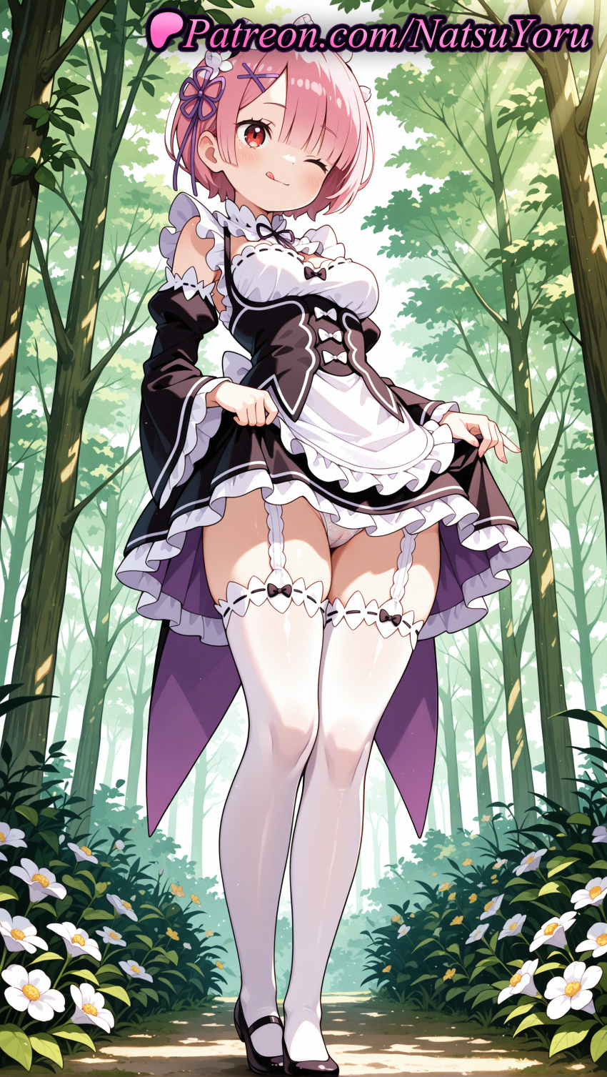 2025 ai_assisted ai_generated anime anime_style apron bangs big_breasts black_dress black_footwear black_ribbon black_sleeves blush bow breasts bush bust cameltoe closed_mouth clothes_lift clothing collar copyright_notice day detached_collar detached_sleeves dress dress_lift female_focus flower flower_knot flowers forest frilled_apron frilled_dress frilled_sleeves frills full_body garter_belt garter_straps hair_flower hair_ornament hair_over_one_eye hair_ribbon hentai high_quality high_res high_resolution juliet_sleeves legwear lifted_by_self long_sleeves looking_at_viewer maid maid_apron maid_headdress maid_uniform mary_janes medium_breasts natsuyoru nature neck_ribbon one_eye_closed outside panties pantyshot patreon pink_hair puffy_sleeves purple_ribbon ram_(re:zero) re:zero_kara_hajimeru_isekai_seikatsu red_eyes ribbon ribbon_trim roswaal_mansion_maid_uniform shoes short_hair skirt skirt_lift small_breasts smile stable_diffusion standing stockings thighs tongue tongue_out tree underbust underwear upskirt voluptuous voluptuous_female waist_apron white_apron white_bow white_flower white_legwear white_panties white_thighhighs wide_sleeves x_hair_ornament