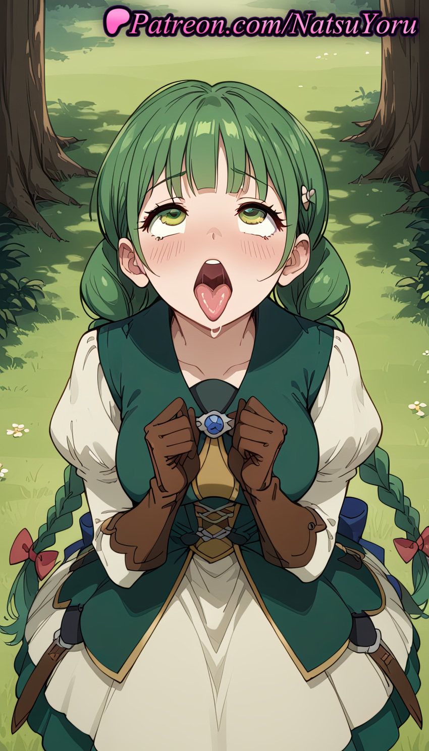 2025 ahegao ai_generated anime anime_style bangs big_breasts blush bow braid breasts brown_gloves bust clenched_hands collarbone day dress female_focus female_solo forest gloves grass green_dress green_eyes green_hair hair_bow hair_ornament hairclip hentai high_quality high_res high_resolution juliet_sleeves long_hair long_sleeves looking_at_viewer looking_up low_twin_braids natsuyoru nature open_mouth oral_invitation outside patreon puffy_sleeves red_bow rishia_ivyred rolling_eyes saliva stable_diffusion tate_no_yuusha_no_nariagari teeth the_rising_of_the_shield_hero tongue tongue_out tree twin_braids twin_tails uvula voluptuous voluptuous_female white_dress