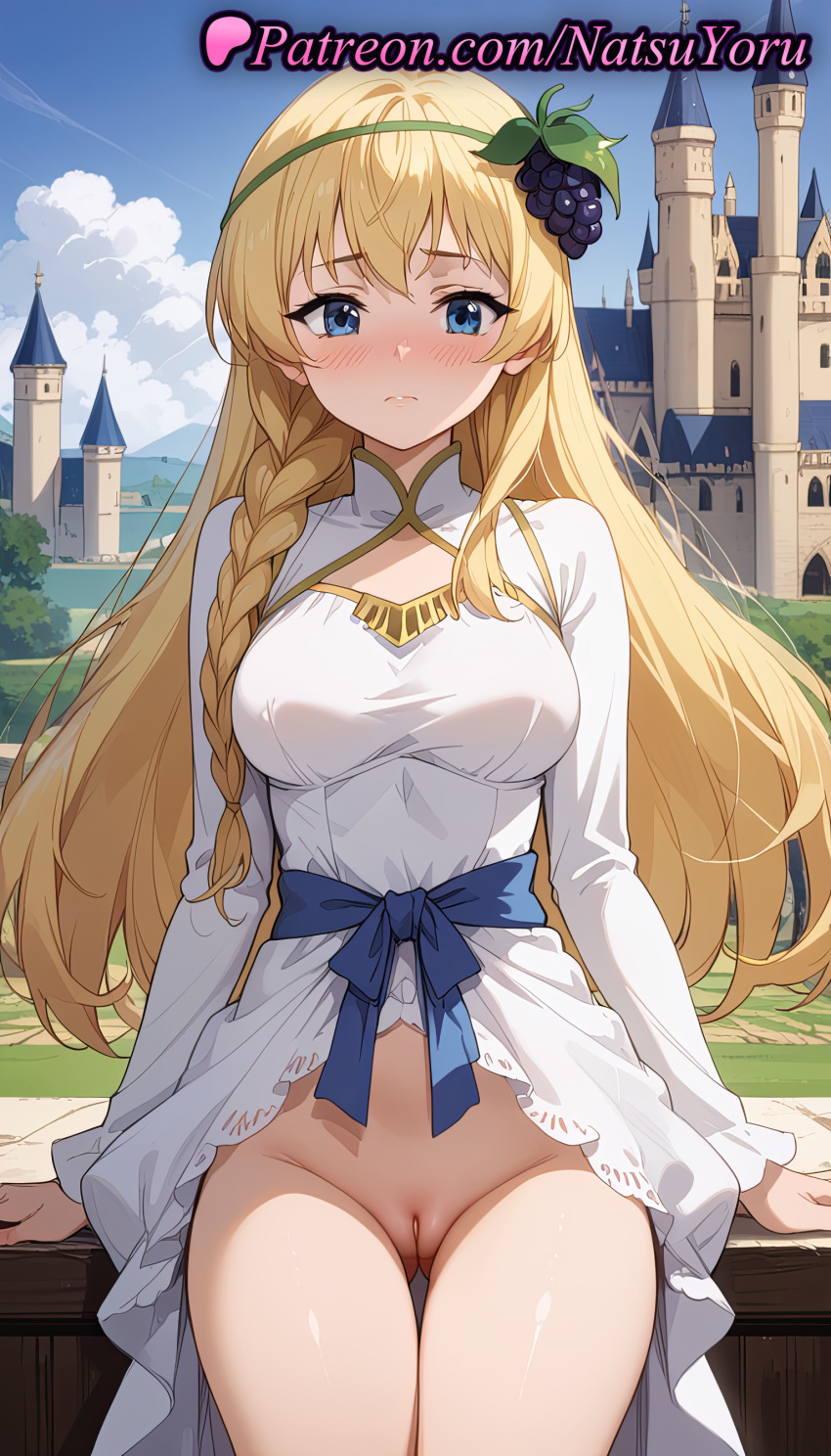 2025 ai_assisted ai_generated anime anime_style arm_support ass_visible_through_thighs bangs big_breasts blonde_hair blue_bow blue_eyes blue_sky blush bottomless bow braid breasts bust castle cleft_of_venus closed_mouth clothing clothing_cutout cloud cowboy_shot day dress female_focus female_solo food food-themed_hair_ornament fruit grapes hair_ornament hairless_pussy hentai high_quality high_res high_resolution iris_(konosuba) kono_subarashii_sekai_ni_shukufuku_wo! long_hair long_sleeves looking_at_viewer medium_breasts natsuyoru no_panties nose_blush outside patreon pussy shaved_pussy side_braid single_braid sitting sky stable_diffusion thigh_gap thighs uncensored voluptuous voluptuous_female white_dress