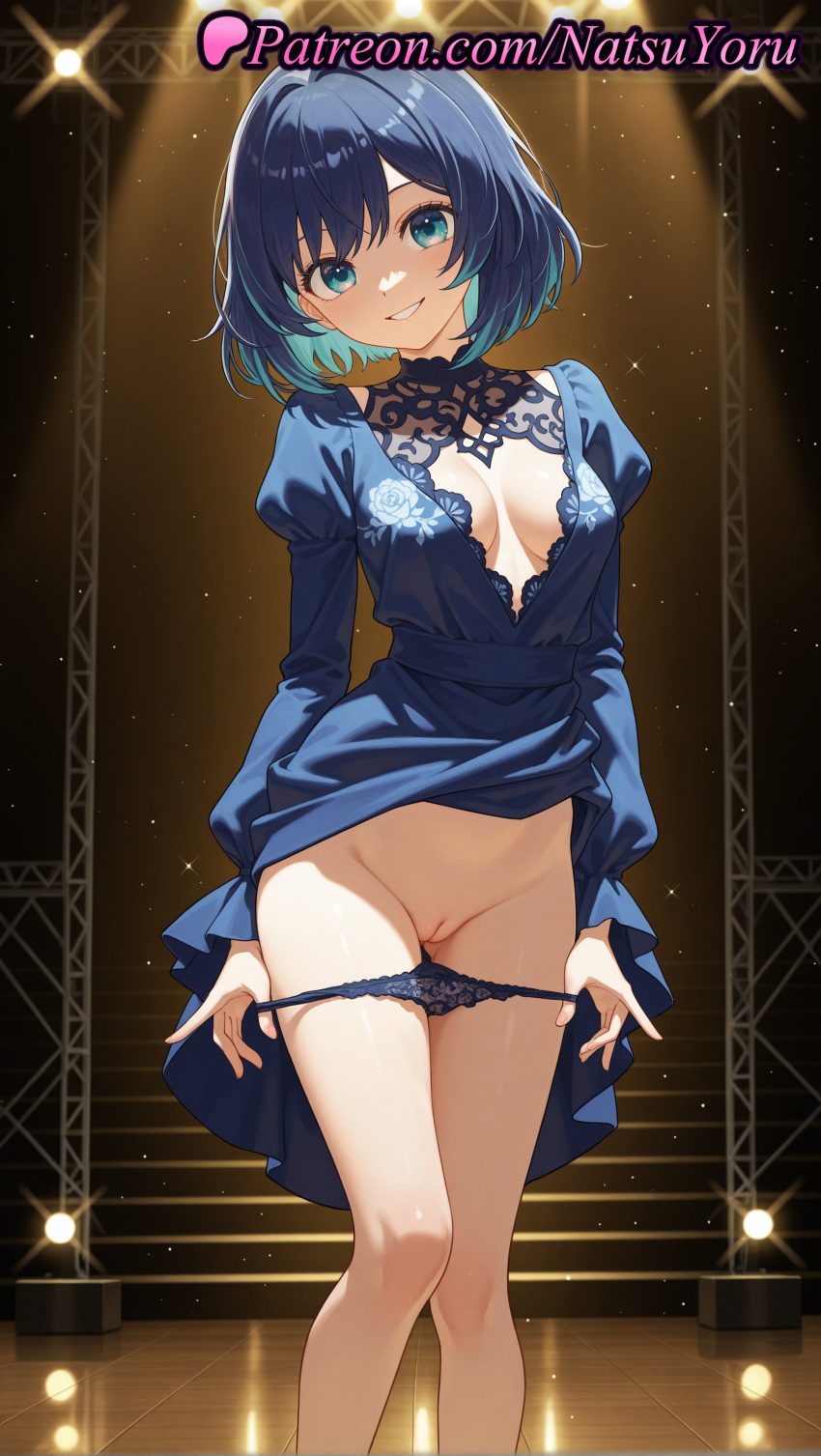 2025 ai_generated anime anime_style aqua_eyes bangs big_breasts black_panties blue_dress blue_eyes blue_hair blue_panties blush breasts bust cleavage cleavage_cutout cleft_of_venus clothes_lift clothing_cutout colored_inner_hair dress dress_lift feet_out_of_frame female_focus female_solo floral_print grin head_tilt hentai high_quality high_res high_resolution juliet_sleeves knees_together_feet_apart kurokawa_akane lace-trimmed_panties lace_trim lifted_by_self long_sleeves looking_at_viewer medium_breasts medium_hair multicolored_hair natsuyoru oshi_no_ko panties panties_down panty_pull parted_lips patreon plunging_neckline puffy_long_sleeves puffy_sleeves pulled_by_self pussy short_hair smile spotlight stable_diffusion stage stage_lights stairs standing two-tone_hair uncensored underwear voluptuous voluptuous_female