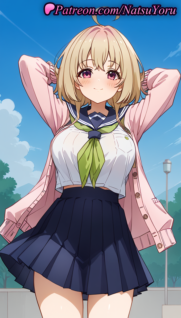 2025 ahoge ai_generated anime anime_style arms_behind_head arms_up bangs big_breasts blonde_hair blue_sailor_collar blue_skirt blue_sky blush breast_pocket breasts bust cardigan closed_mouth cloud cowboy_shot day female_focus female_solo green_neckerchief hentai high-waist_skirt high_quality high_res high_resolution lamppost light_brown_hair long_sleeves looking_at_viewer medium_hair midriff_peek my_deer_friend_nokotan natsuyoru neckerchief open_cardigan open_clothes outside patreon pink_cardigan pink_eyes pleated_skirt pocket purple_eyes red_eyes sailor_collar sailor_uniform school_uniform serafuku shikanoko_nokonoko_koshitantan shirt short_hair skirt sky smile stable_diffusion tanukikouji_kinu thighs voluptuous voluptuous_female white_shirt