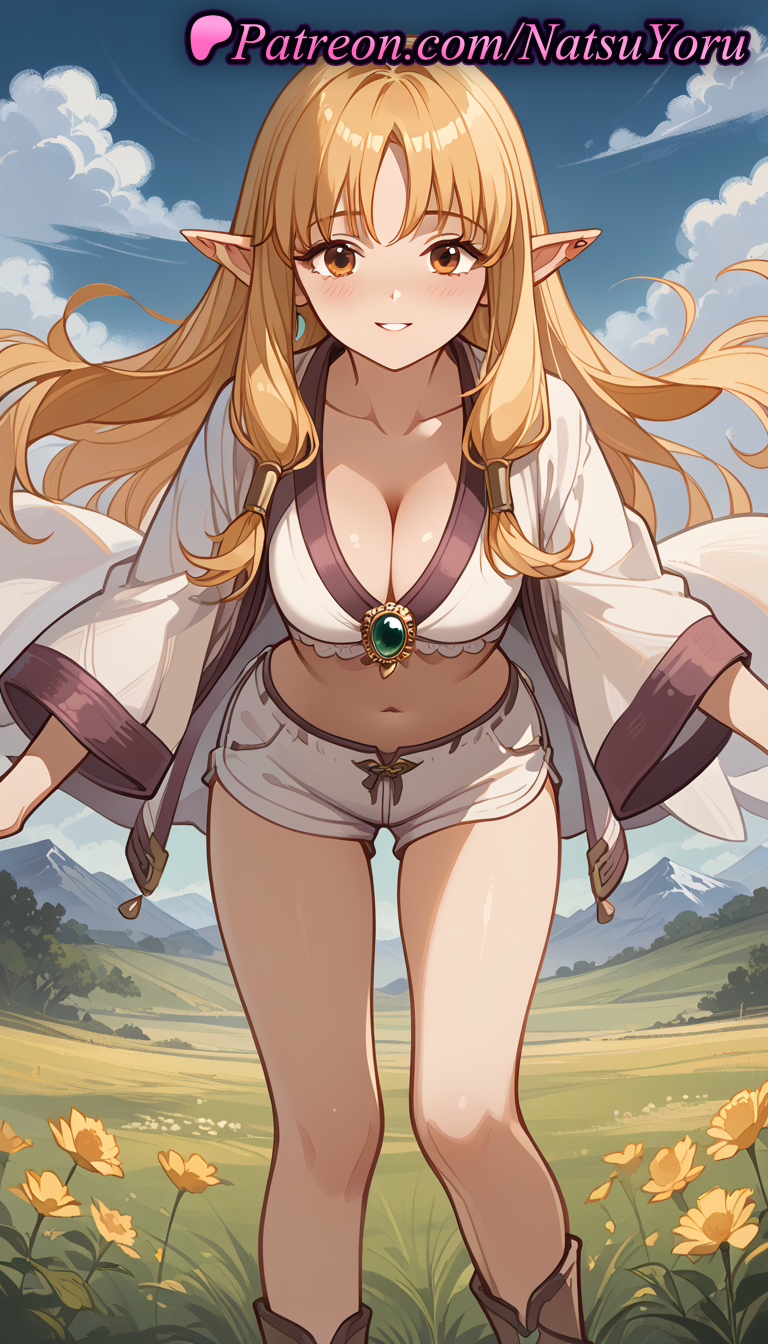 2025 ai_assisted ai_generated anime anime_style bangs big_breasts blonde_hair blue_sky blush boots breasts brown_eyes brown_footwear bust cleavage cloud collarbone crop_top day dolphin_shorts earring earrings elf elf_ears feet_out_of_frame female_focus female_solo field floating_hair flower grin hair_tubes hentai high_quality high_res high_resolution jacket jewelry leaning_forward long_hair long_sleeves looking_at_viewer medium_breasts micro_shorts midriff natsuyoru navel open_clothes open_jacket orange_eyes outside parted_bangs parted_lips patreon pointed_ears pointy_ears serie_(sousou_no_frieren) shirt short_shorts shorts sidelocks sky smile sousou_no_frieren stable_diffusion standing stomach thighs very_long_hair voluptuous voluptuous_female white_jacket white_shirt white_shorts wide_sleeves yellow_flower