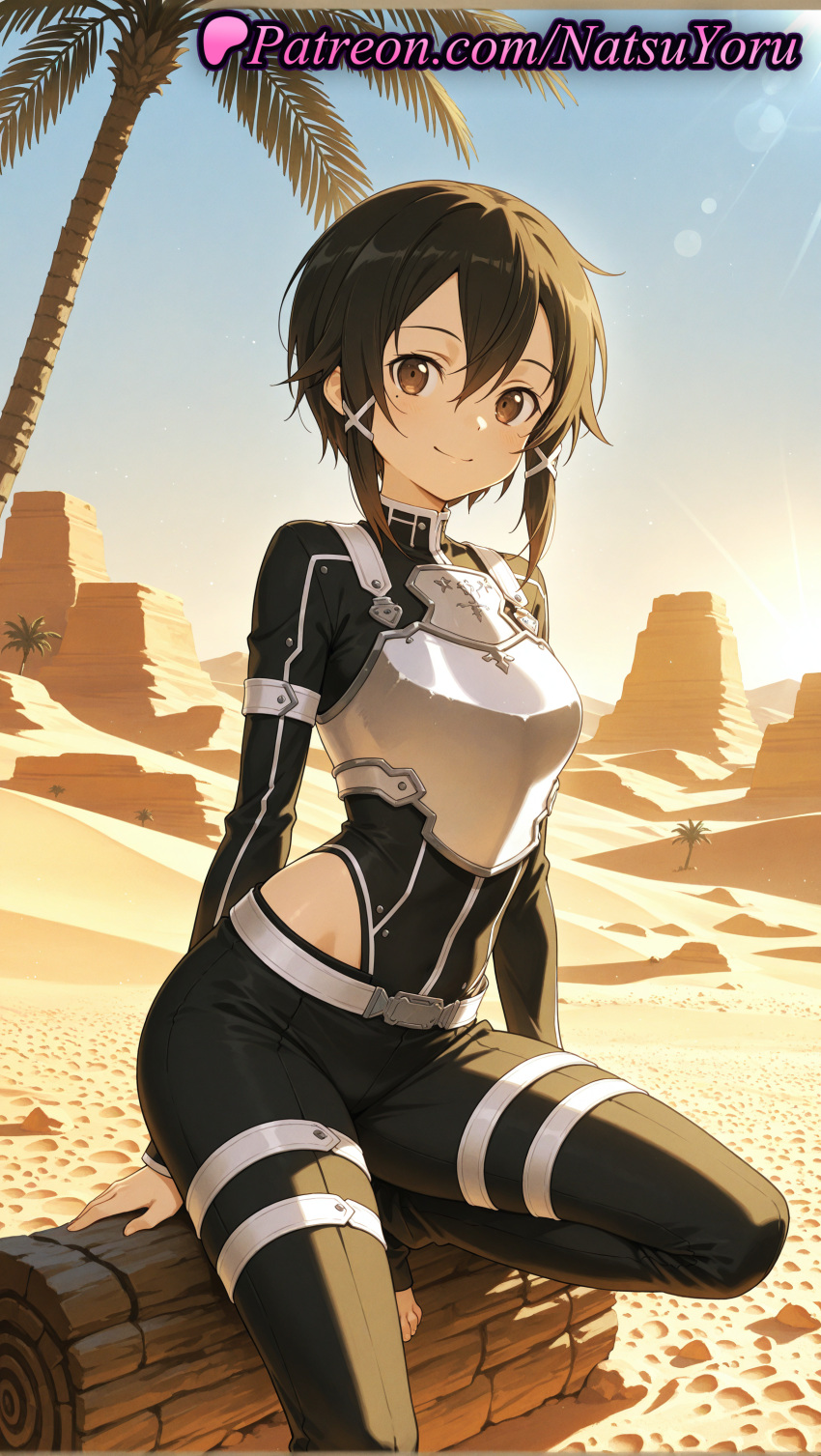 2025 ai_assisted ai_generated anime anime_style armor bangs bare_hips barefoot beach belt big_breasts black_bodysuit black_hair black_leotard black_pants blue_sky blush bodysuit breastplate breasts brown_eyes brown_hair bust closed_mouth day desert female_focus foot_out_of_frame gun_gale_online hair_between_eyes hair_ornament hair_ribbon hentai high_quality high_res high_resolution highleg kirigaya_kazuto kirito kirito_(sao-ggo) leotard long_sleeves looking_at_viewer natsuyoru outside palm_tree pants patreon ribbon sand short_hair short_hair_with_long_locks sidelocks sitting sky smile stable_diffusion sun sunlight sword_art_online thigh_strap toeless_legwear toes tree voluptuous voluptuous_female white_belt white_ribbon