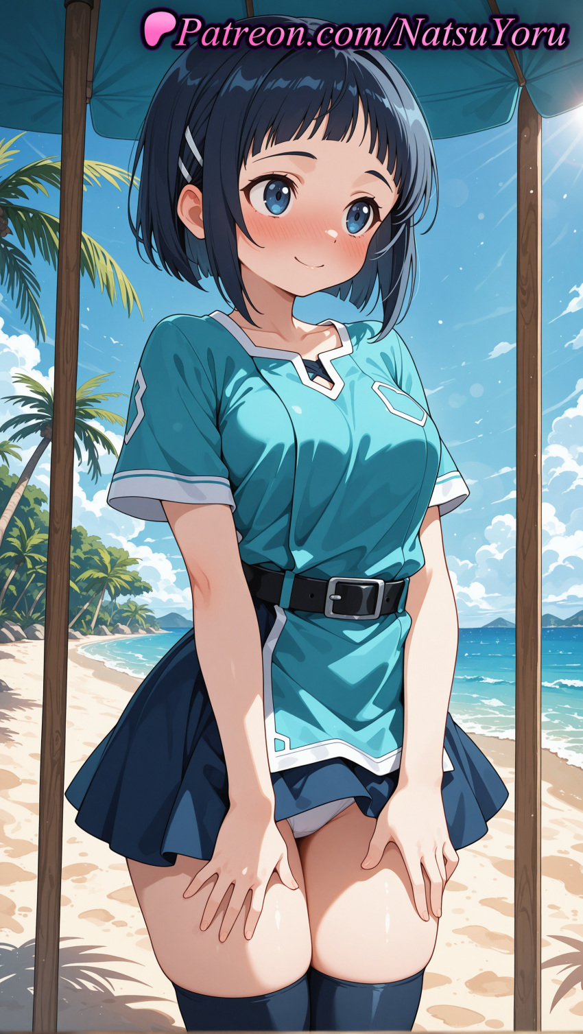 1girl 1girl 1girls 2025 ai ai_assisted ai_generated anime anime_style aqua_shirt bangs beach beach_umbrella belt big_breasts big_breasts black_belt black_hair black_thighhighs blue_eyes blue_hair blue_shirt blue_skirt blue_sky blunt_bangs blush bob_cut breasts bust closed_mouth clothes_lift cloud collarbone cowboy_shot day female_focus female_only hair_ornament hairclip hand_on_own_thigh hentai high_quality high_res high_res high_resolution looking_at_viewer medium_breasts miniskirt natsuyoru nose_blush ocean outside palm_tree panties panties pantyshot patreon pleated_skirt sachi_(sao) shirt short_hair short_sleeves skindentation skirt sky smile solo_female stable_diffusion standing stockings sword_art_online thighs tree umbrella underwear voluptuous voluptuous_female white_panties zettai_ryouiki