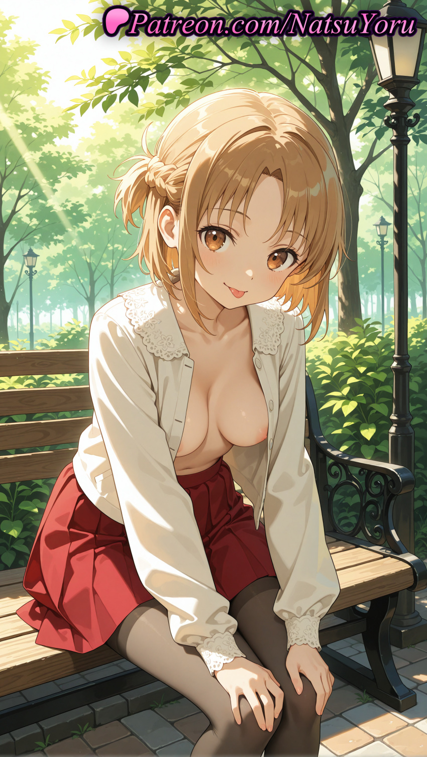 1girl 1girl 1girls 2025 ai ai_assisted ai_generated anime anime_style areola_slip asuna_(sao) bangs bench big_breasts black_pantyhose blonde_hair blouse blush braid breasts brown_eyes brown_hair brown_pantyhose bush bust closed_mouth clothing collarbone collared_shirt day dress_shirt feet_out_of_frame female_focus female_only french_braid half_updo hands_on_own_knees hentai high_quality high_res high_res high_resolution lamppost long_sleeves looking_at_viewer medium_breasts miniskirt natsuyoru navel nipple_slip nipples nipples_outside no_bra on_bench open_clothes open_shirt outside pantyhose park park_bench parted_bangs patreon pleated_skirt red_skirt shirt short_hair short_ponytail sitting sitting_on_bench skirt smile solo_female stable_diffusion sunlight sword_art_online sword_art_online_alicization thighband_pantyhose tongue tongue_out tree unbuttoned uncensored_nipples voluptuous voluptuous_female white_shirt yuuki_asuna