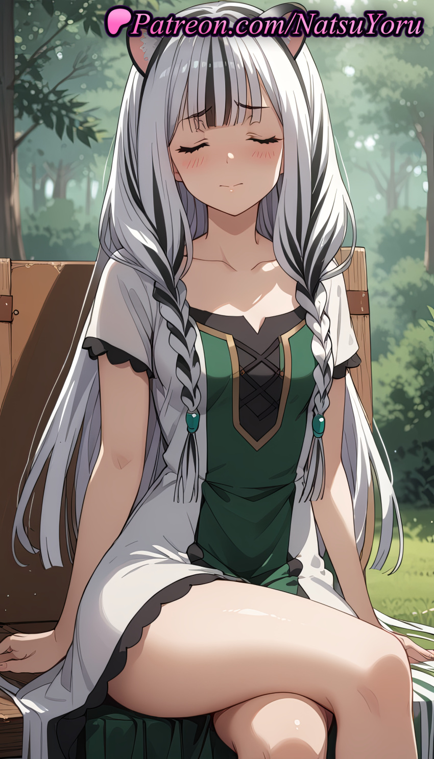 2025 ai_generated animal_ears anime anime_style asian atla_fayon bangs bench big_breasts black_hair blunt_bangs blush braid breasts bust cat_ears closed_eyes closed_mouth collarbone cross-laced_dress crossed_legs dress facing_viewer feet_out_of_frame female_focus female_solo forest green_dress grey_hair hentai high_quality high_res high_resolution legs long_hair multicolored_hair natsuyoru nature official_alternate_costume official_alternate_hairstyle on_bench outside patreon short_sleeves silver_hair sitting small_breasts stable_diffusion streaked_hair tate_no_yuusha_no_nariagari the_rising_of_the_shield_hero thighs tiger_ears tiger_girl tree twin_braids two-tone_dress two-tone_hair very_long_hair voluptuous voluptuous_female white_dress white_hair