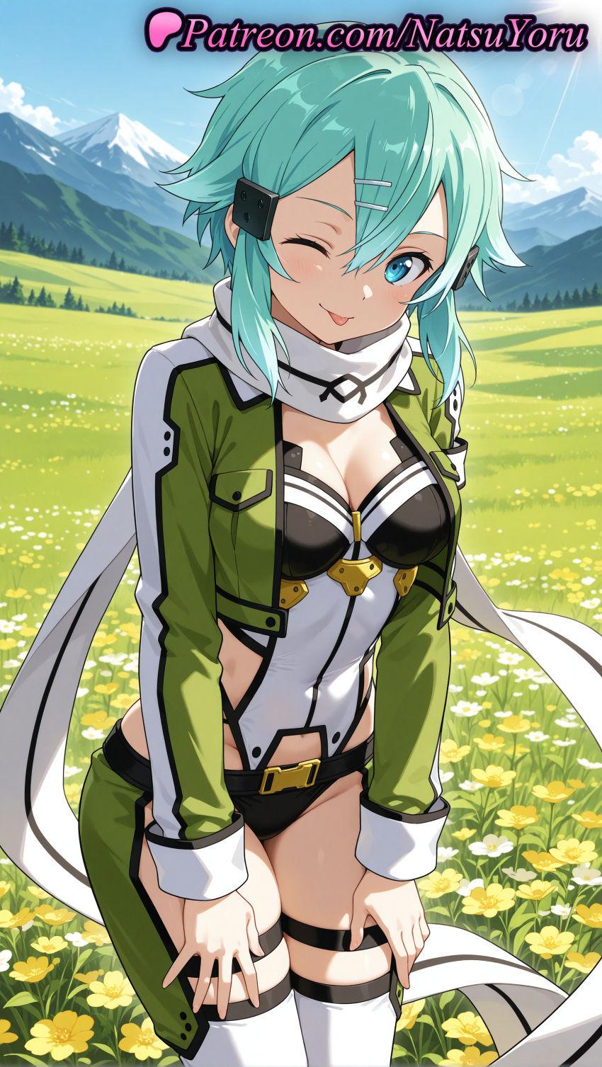 2025 ai_assisted ai_generated anime anime_style aqua_eyes aqua_hair asada_shino bangs belt big_breasts black_shorts blue_eyes blue_hair blue_sky blush bodysuit boots breasts bust chaps cleavage cloud cowboy_shot cropped_jacket day female_focus female_solo field flower flower_field grass green_jacket gun_gale_online hair_between_eyes hair_clips hair_ornament hairclip hand_on_own_thigh hentai high_quality high_res high_resolution jacket leotard leotard_under_clothes long_sleeves looking_at_viewer medium_breasts mountain natsuyoru non-asian one_eye_closed open_clothes open_jacket outside patreon scarf short_hair short_hair_with_long_locks short_shorts shorts sidelocks sinon sky smile stable_diffusion standing stockings sword_art_online sword_art_online_alicization thigh_strap thighs tongue tongue_out tree underwear voluptuous voluptuous_female white_scarf white_thighhighs yellow_flower