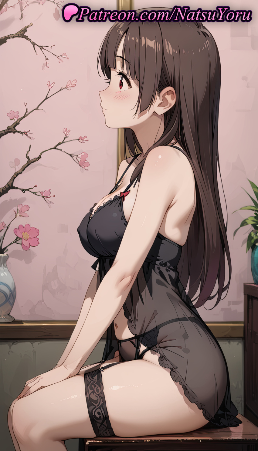 1girl 1girl 1girls 2025 ai ai_generated anime anime_style asian babydoll bangs bare_arms bare_shoulders big_breasts big_breasts black_babydoll black_garter_belt black_hair black_panties blush breasts brown_hair bust cleavage closed_mouth clothing covered_nipples feet_out_of_frame female_focus female_only flower flowers from_side garter_belt garter_straps hentai high_quality high_res high_res high_resolution indoors kono_subarashii_sekai_ni_shukufuku_wo! lingerie long_hair looking_ahead medium_breasts natsuyoru navel negligee panties panties patreon pink_flower potted_plant profile red_eyes see-through sitting smile solo_female stable_diffusion stockings stomach straight_hair string_panties thigh_strap thighs underwear underwear_only vase voluptuous voluptuous_female yuiyui_(konosuba)