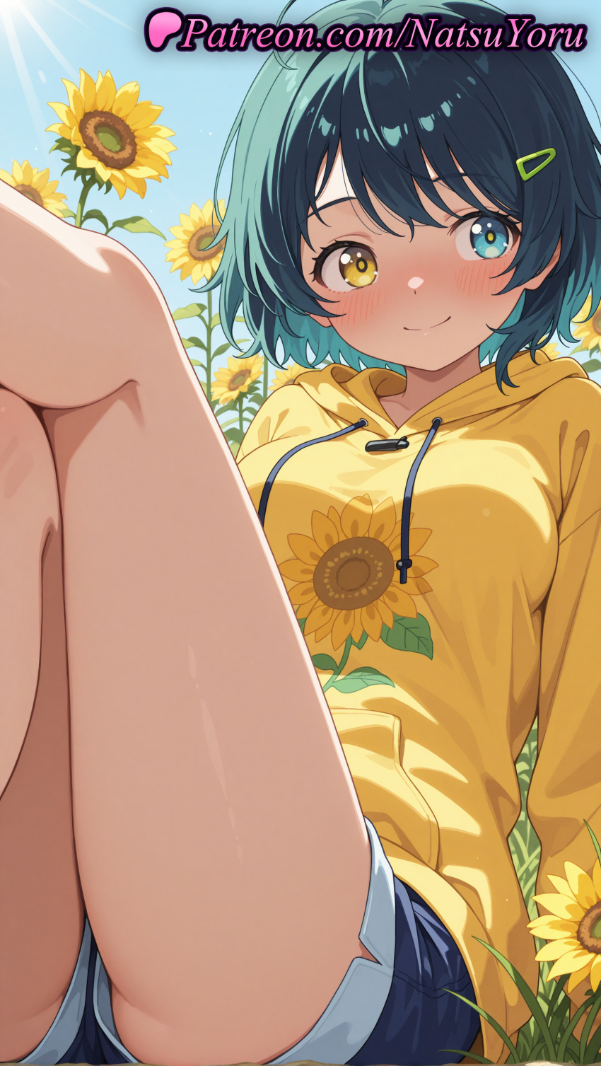 1girl 1girl 1girls 2025 ahoge ai ai_assisted ai_generated anime anime_style bangs bare_legs big_breasts blue_eyes blue_hair blue_shorts blue_sky blush breasts bust closed_mouth crossed_legs day denim denim_shorts drawstring feet_out_of_frame female_focus female_only field floral_print flower flower_field flowers hair_clips hair_ornament hairclip hentai heterochromia high_quality high_res high_res high_resolution hood hood_down hoodie legs long_sleeves looking_at_viewer medium_breasts natsuyoru ooto_ai outside panty_peek patreon short_hair short_shorts shorts sitting sky smile solo_female stable_diffusion sunflower sunlight thighs voluptuous voluptuous_female wonder_egg_priority yellow_eyes yellow_flower yellow_hoodie