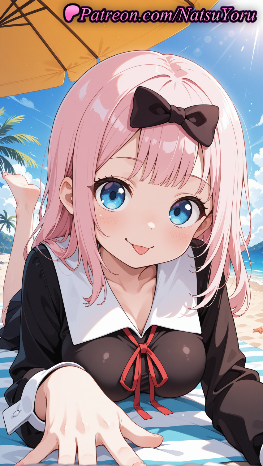 1girl 1girl 1girls 2025 ai ai_assisted ai_generated anime anime_style bangs barefoot beach beach_mat beach_umbrella big_breasts big_breasts black_bow black_dress blue_eyes blue_sky blunt_bangs blush bow breasts bust cleavage closed_mouth cloud collarbone collared_dress day dress feet feet_up female_focus female_only fingernails foot_fetish foot_up fujiwara_chika hair_bow hair_ribbons hentai high_quality high_res high_res high_resolution kaguya-sama_wa_kokurasetai_~tensai-tachi_no_renai_zunousen~ long_hair long_sleeves looking_at_viewer lying medium_breasts natsuyoru neck_ribbon ocean on_stomach outside palm_tree patreon pink_hair red_ribbon ribbon sand school_uniform shirt shuuchiin_academy_school_uniform sky smile soles solo_female stable_diffusion starfish sun sunlight the_pose tongue tongue_out towel tree umbrella voluptuous voluptuous_female water