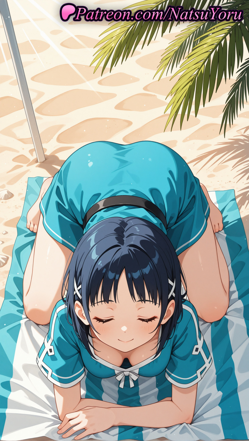 1girl 1girl 1girls 2025 ai ai_assisted ai_generated all_fours anime anime_style aqua_dress asian ass ass bangs barefoot beach beach_mat beach_towel beach_umbrella belt big_breasts black_hair blue_dress blue_hair blush breasts bust cleavage closed_eyes closed_eyes closed_mouth downblouse dress feet female_focus female_only foot_fetish hair_ornament hairclip hentai high_quality high_res high_res high_resolution juicy_butt medium_breasts natsuyoru on_all_fours outside palm_tree patreon plant sachi_(sao) sand short_hair short_sleeves smile solo_female stable_diffusion sword_art_online towel tree umbrella voluptuous voluptuous_female x_hair_ornament