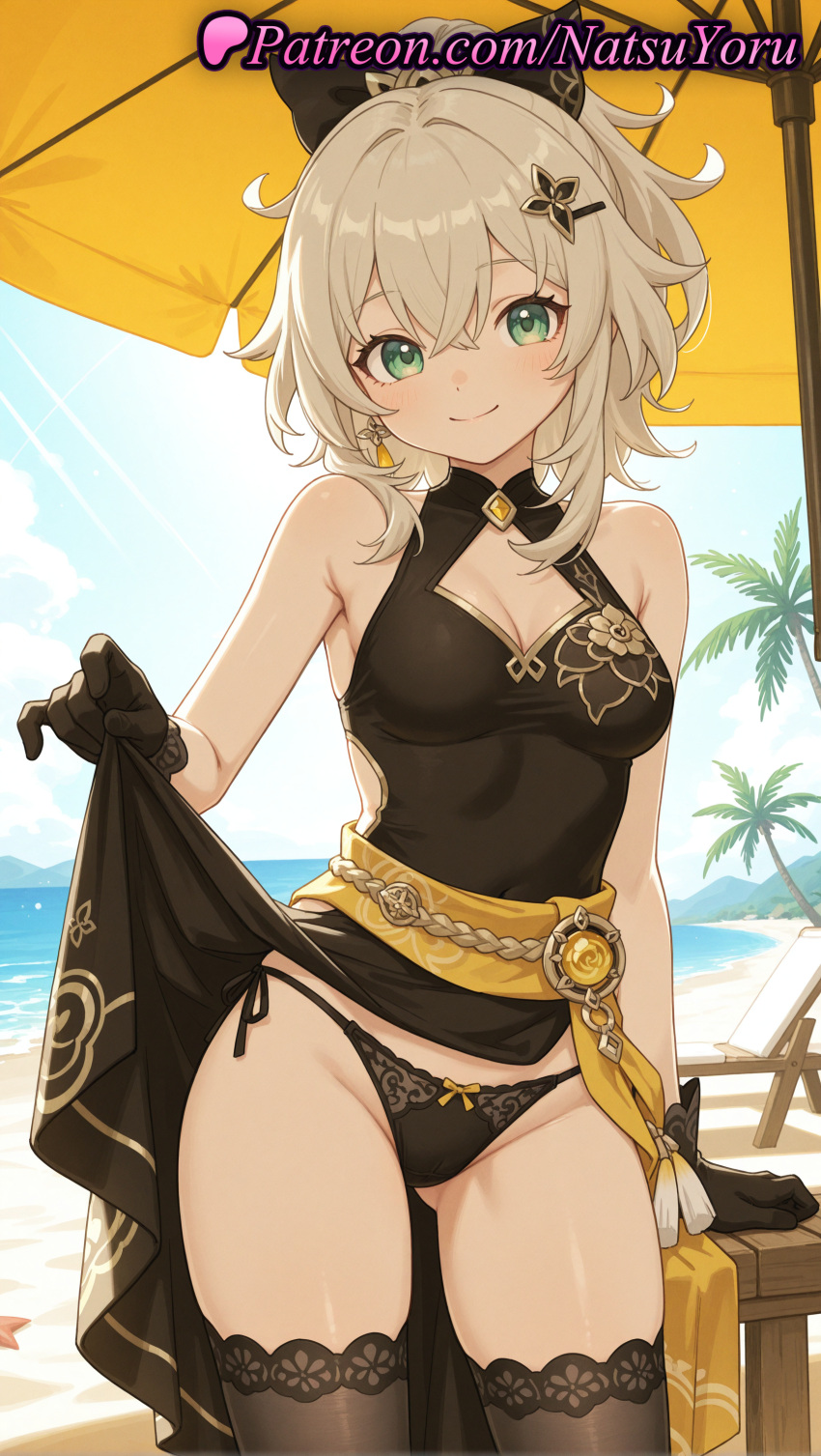 1girl 1girl 1girls 2025 ai ai_generated animal_ears anime anime_style arm_support asian ass_visible_through_thighs bangs bare_arms bare_shoulders beach beach_umbrella big_breasts black_dress black_gloves black_legwear black_panties black_thighhighs blonde_hair blush bow bow_panties breasts brown_thighhighs bust cat_ears china_dress chinese_clothes cleavage cleavage_cutout closed_mouth clothes_lift clothing_cutout covered_navel cowboy_shot crossed_bangs day dress dress_lift earrings female_focus female_only genshin_impact gloves gold_trim green_eyes hair_between_eyes hair_bow hair_ornament hairclip hentai high_quality high_res high_res high_resolution jewelry kirara_(genshin_impact) lifted_by_self long_hair looking_at_viewer medium_breasts medium_hair natsuyoru ocean outside palm_tree panties panties patreon ponytail side-tie_panties skirt_lift sky sleeveless sleeveless_dress smile solo_female stable_diffusion standing stockings string_panties thighs tree umbrella underwear vision_(genshin_impact) voluptuous voluptuous_female