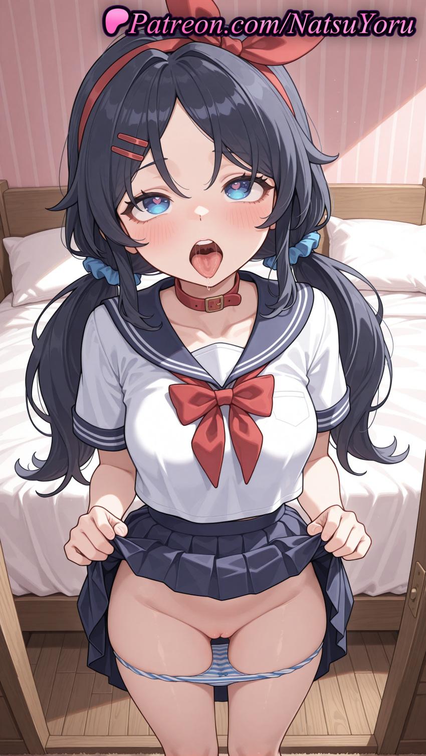 1girl 1girl 1girls 2025 ai ai_generated anime anime_style bangs bed bedroom belt_collar big_breasts black_hair black_skirt blue_eyes blue_hair blue_panties blue_sailor_collar blue_scrunchie blue_skirt blush bow bowtie breasts bust cleft_of_venus clothes_lift collar collarbone crazy_mita_(miside) female_focus female_only female_solo groin hair_ornament hair_ribbon hair_scrunchie hairband hairclip heart heart-shaped_pupils hentai high_quality high_res high_res high_resolution indoors lifted_by_self long_hair looking_at_viewer looking_up low_twintails medium_breasts miniskirt miside mita_(miside) natsuyoru neckerchief on_bed open_mouth paipan panties panties panty_pull parted_bangs patreon pillow pleated_skirt pussy pussy red_bow red_bowtie red_collar red_hairband red_neckerchief red_ribbon ribbon sailor_collar sailor_uniform school_uniform scrunchie serafuku shaved_vagina shirt short_sleeves skirt skirt_lift socks solo_female stable_diffusion standing striped striped_clothes striped_panties symbol-shaped_pupils teeth thighs tongue tongue_out twin_tails uncensored underwear voluptuous voluptuous_female white_shirt wooden_floor