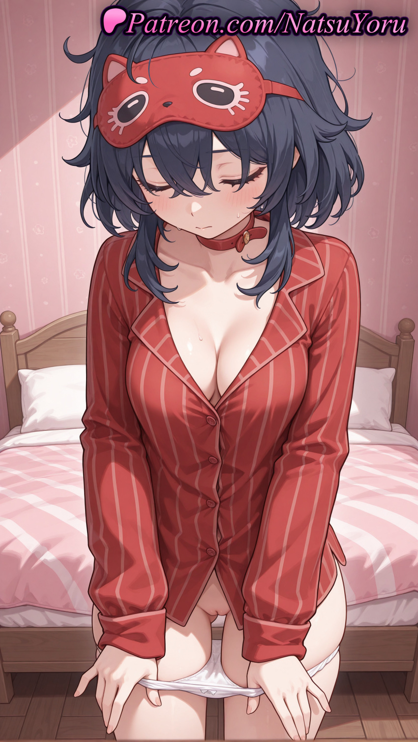 1girl 1girl 1girls 2025 ai ai_generated anime anime_style asian ass_visible_through_thighs bangs bed bedroom big_breasts big_breasts black_hair blue_hair blush breasts bust choker cleavage cleft_of_venus closed_eyes closed_eyes closed_mouth collar collarbone cowboy_shot crossed_bangs facing_viewer female_focus female_only female_solo hair_between_eyes hentai high_quality high_res high_res high_resolution indoors long_sleeves mask mask_on_head medium_breasts medium_hair messy_hair miside mita_(miside) mole mole_on_breast natsuyoru pajamas panties panties panty_pull patreon pillow pulled_by_self pussy pussy red_choker red_collar red_shirt shirt short_hair sleep_mask sleepy_mita_(miside) solo_female stable_diffusion standing striped striped_clothes striped_shirt thighs uncensored underwear undressing voluptuous voluptuous_female white_panties wooden_floor